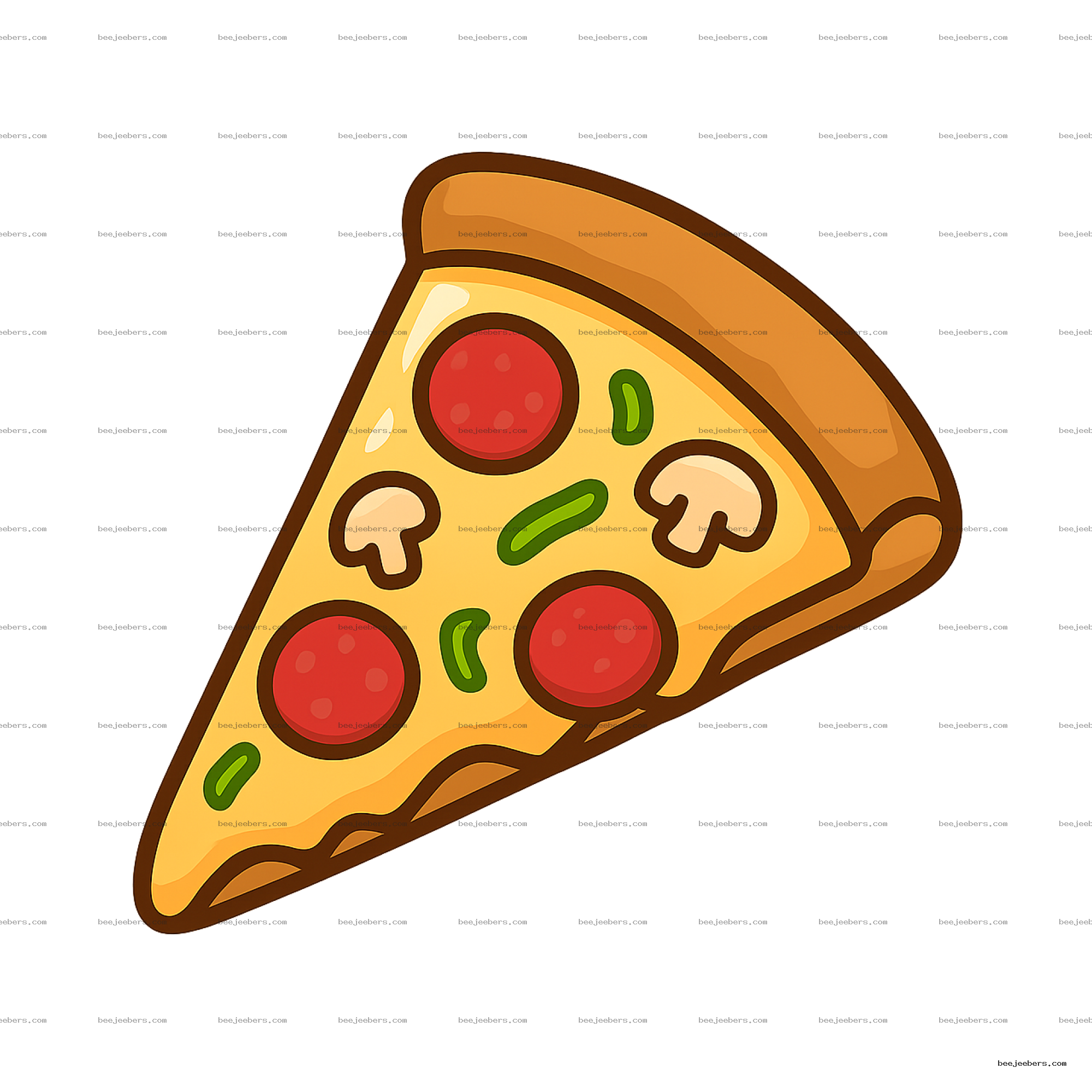 Clean vector pizza slice PNG with pepperoni, mushrooms, and green peppers on transparent background