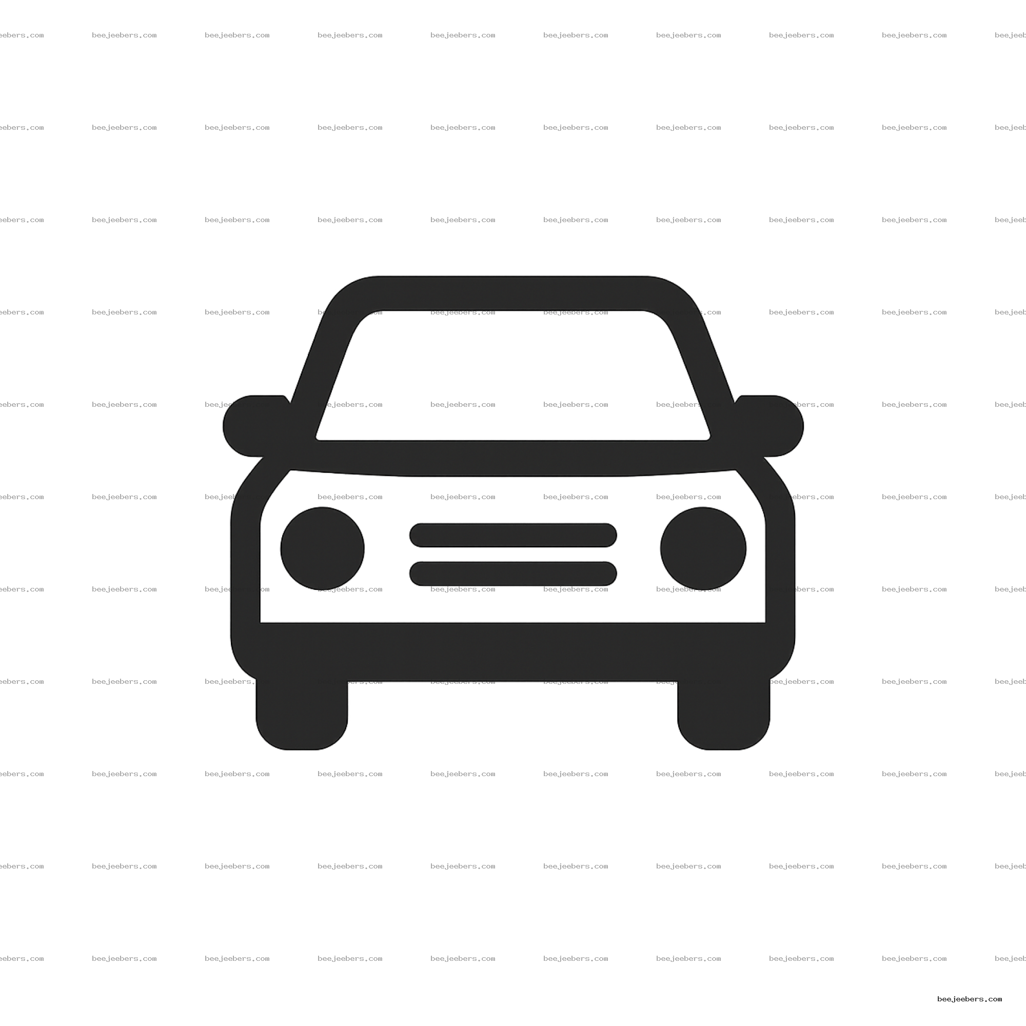 Minimalist front view black car icon with windshield and headlights on transparent background