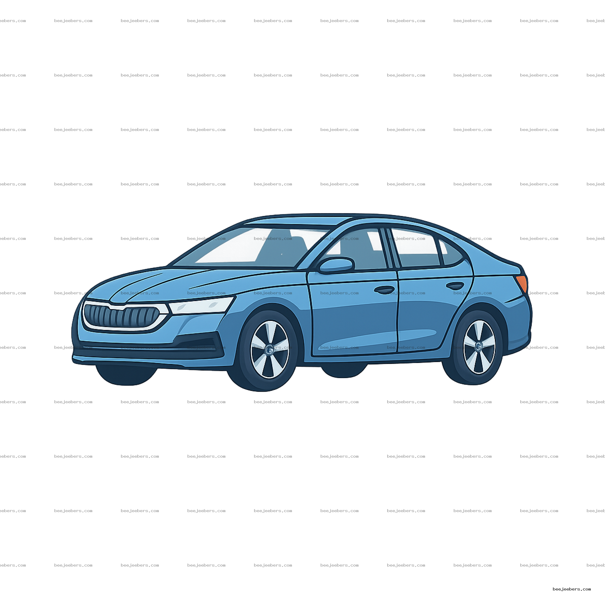 Clean vector illustration of a blue Skoda sedan car in side-front view with transparent background