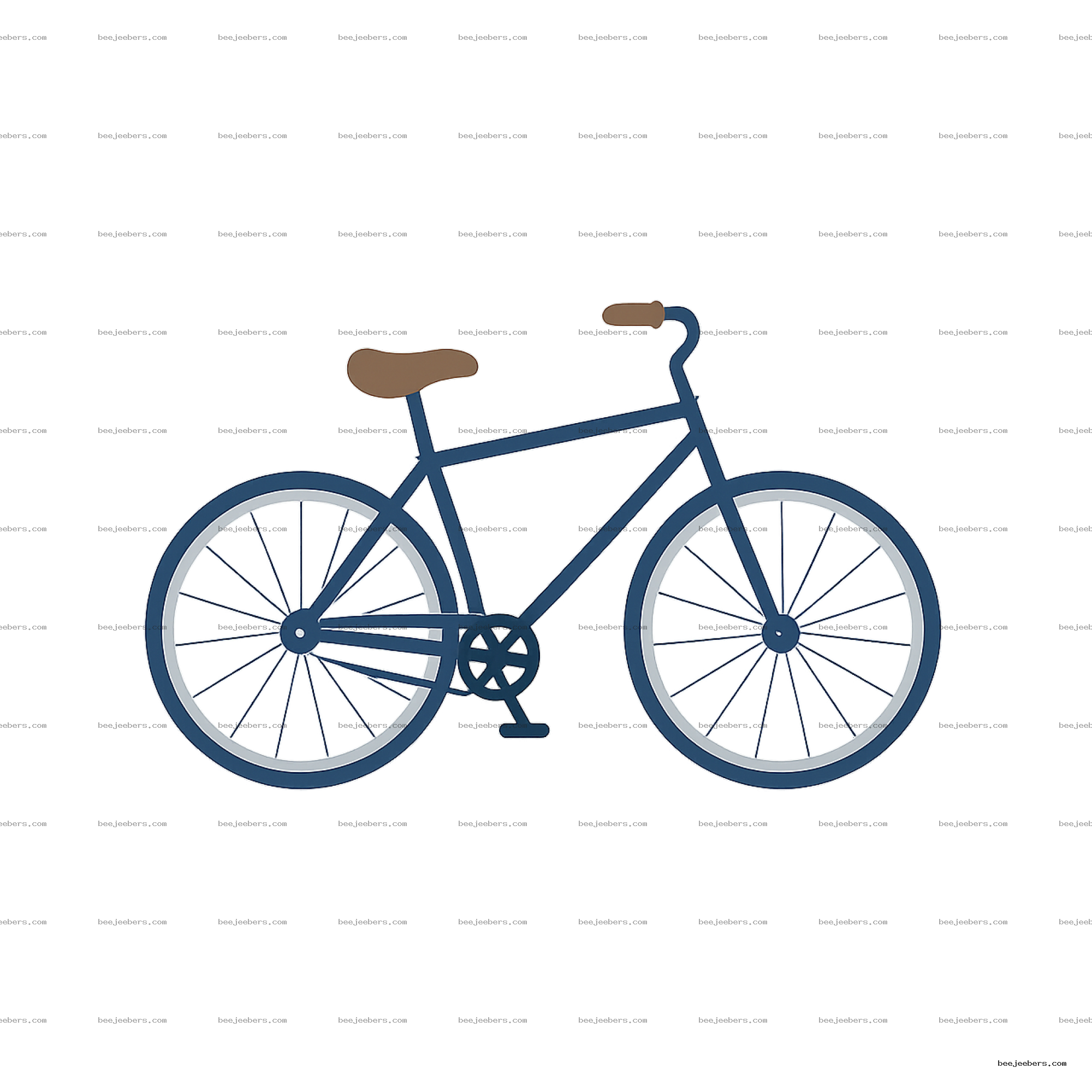 Blue classic bicycle clipart with brown seat and handlebars on transparent background