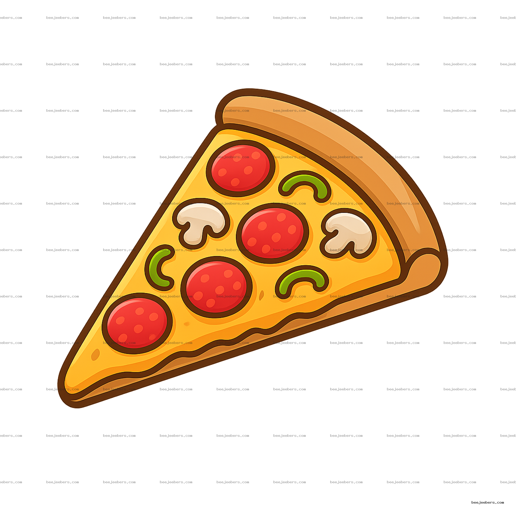 Clean vector slice of pepperoni pizza with mushrooms and green peppers on transparent background