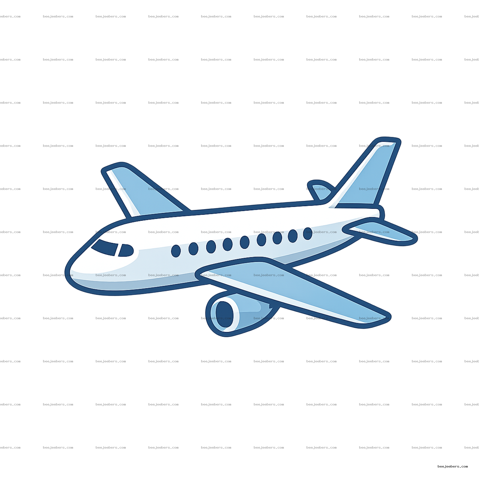 Clean vector illustration of a white and blue commercial airplane with transparent background