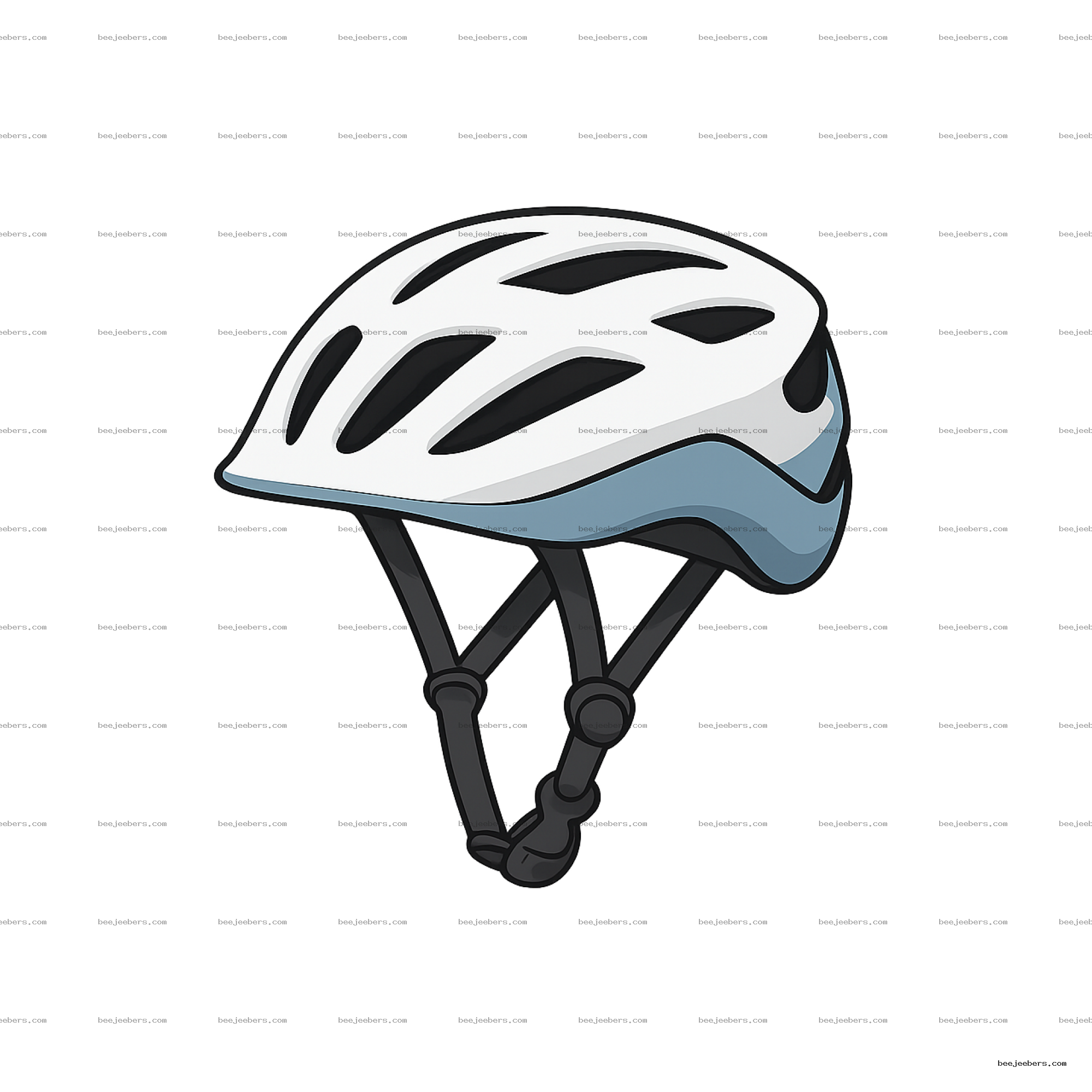 Vector illustration of a white and blue bicycle helmet with black ventilation holes on transparent background