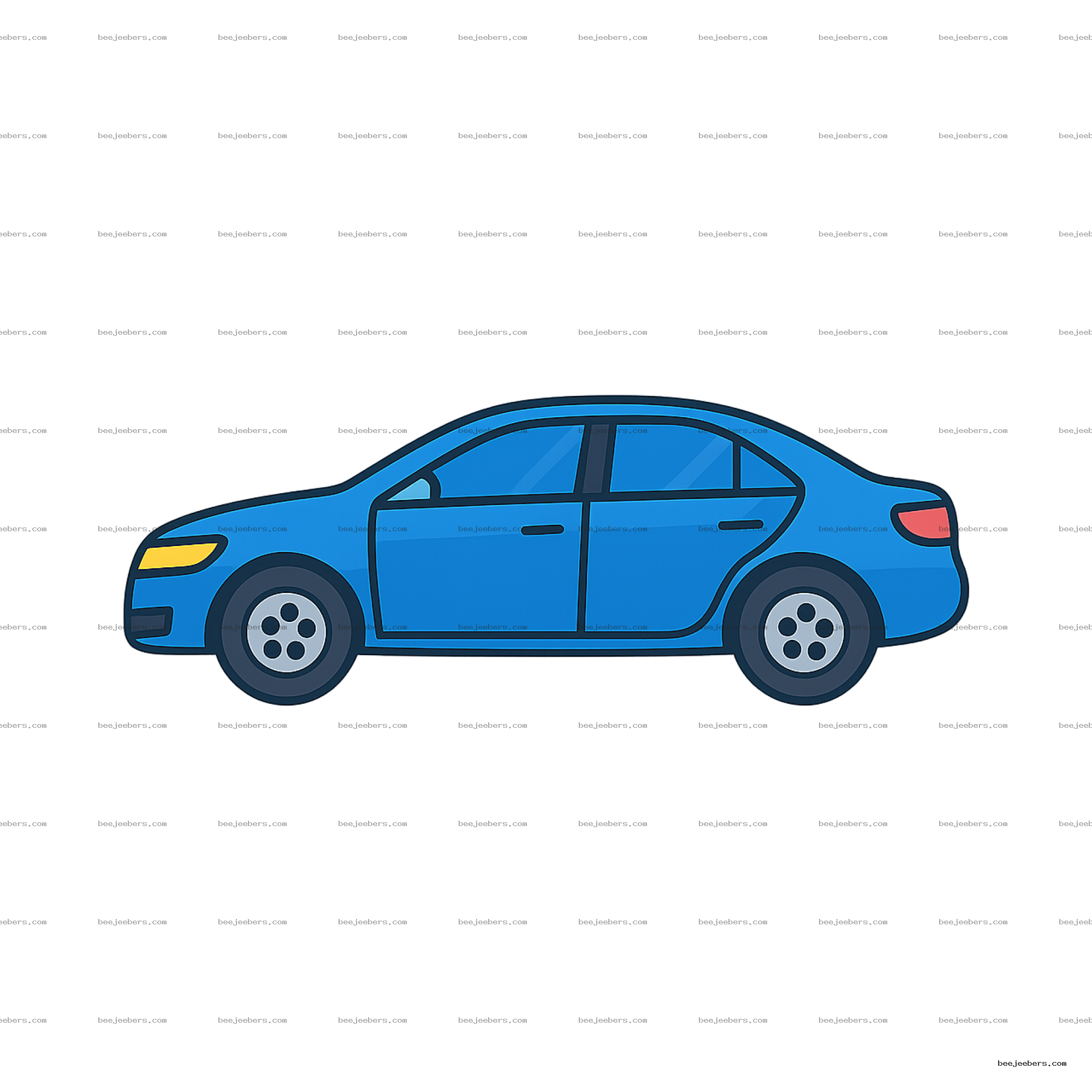 Clean vector illustration of a blue sedan car side view with transparent background