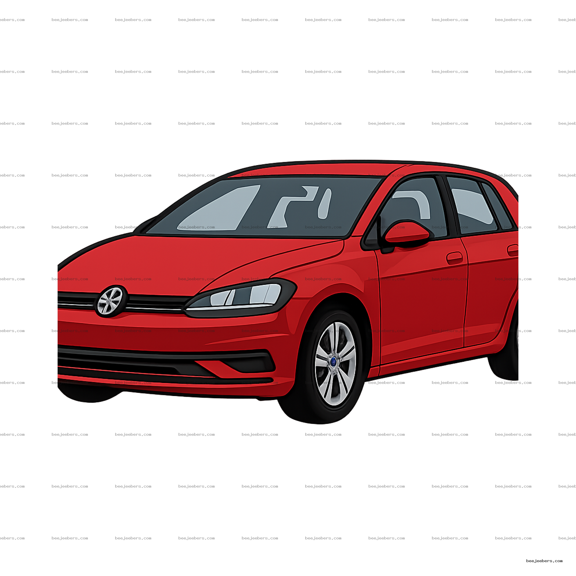 Clean vector PNG of a red VW Golf hatchback car from front angle with transparent background