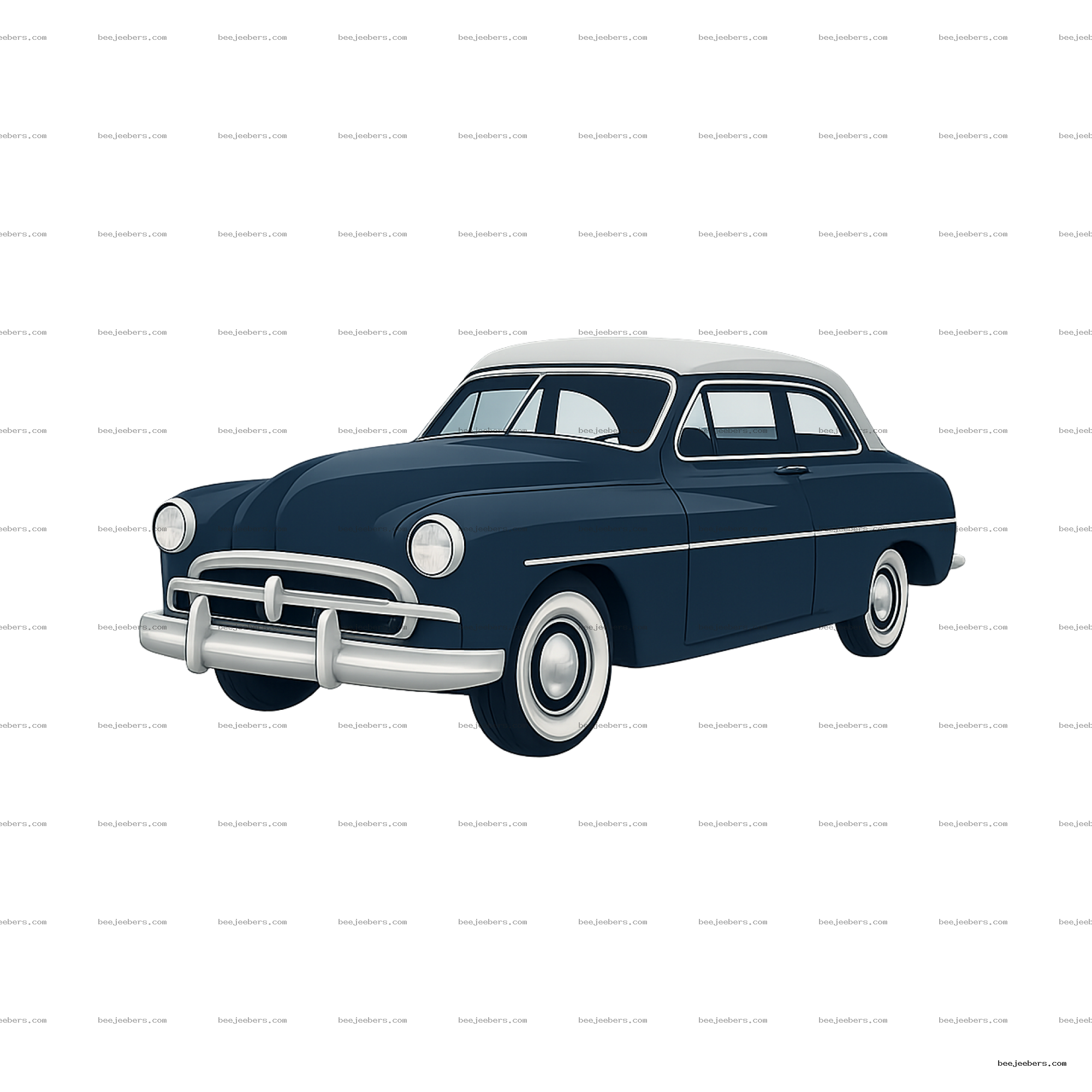 Clean vector PNG of a navy blue classic 1950s car with white roof and tires