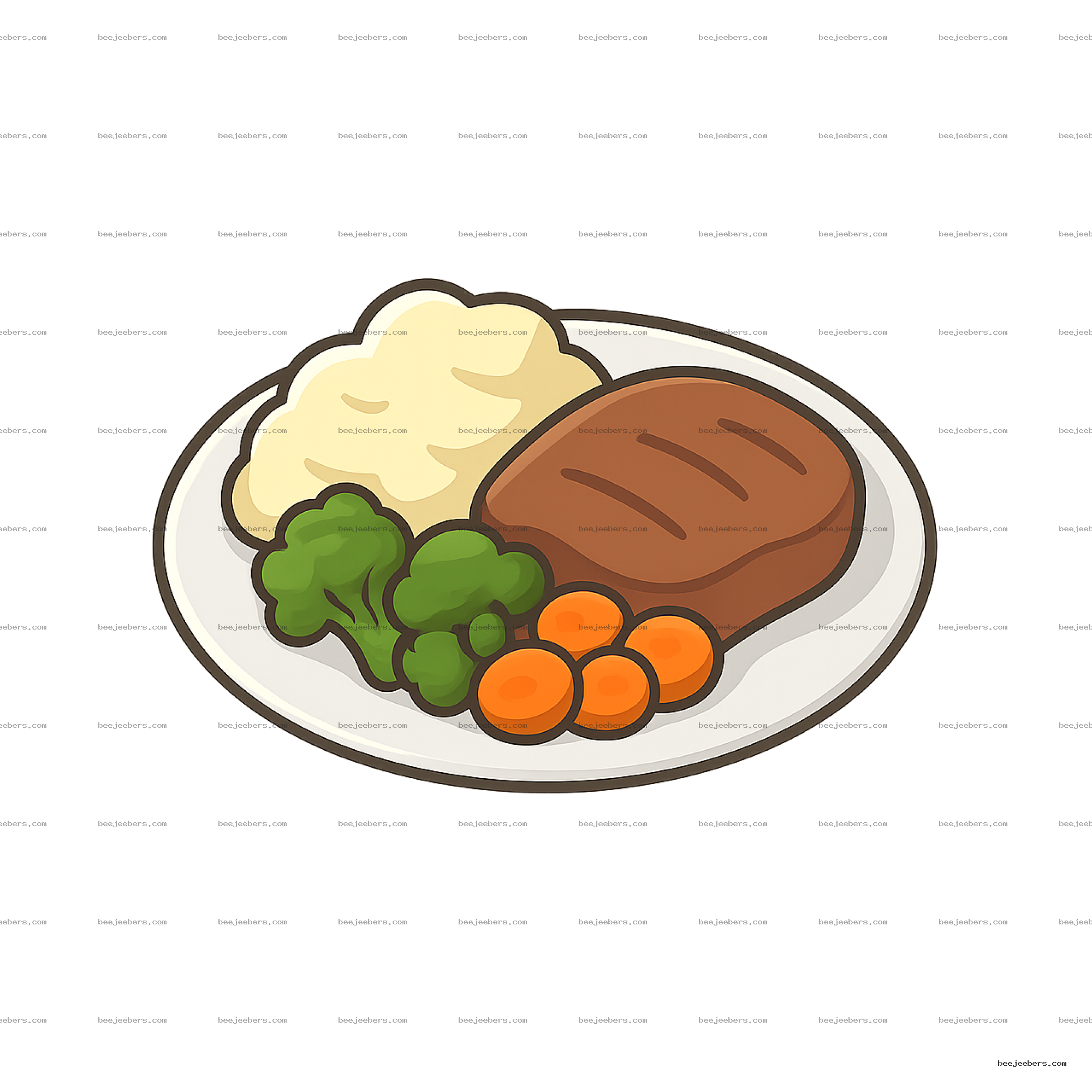 Vector clipart of a plate with steak, mashed potatoes, broccoli, and carrots on a transparent background