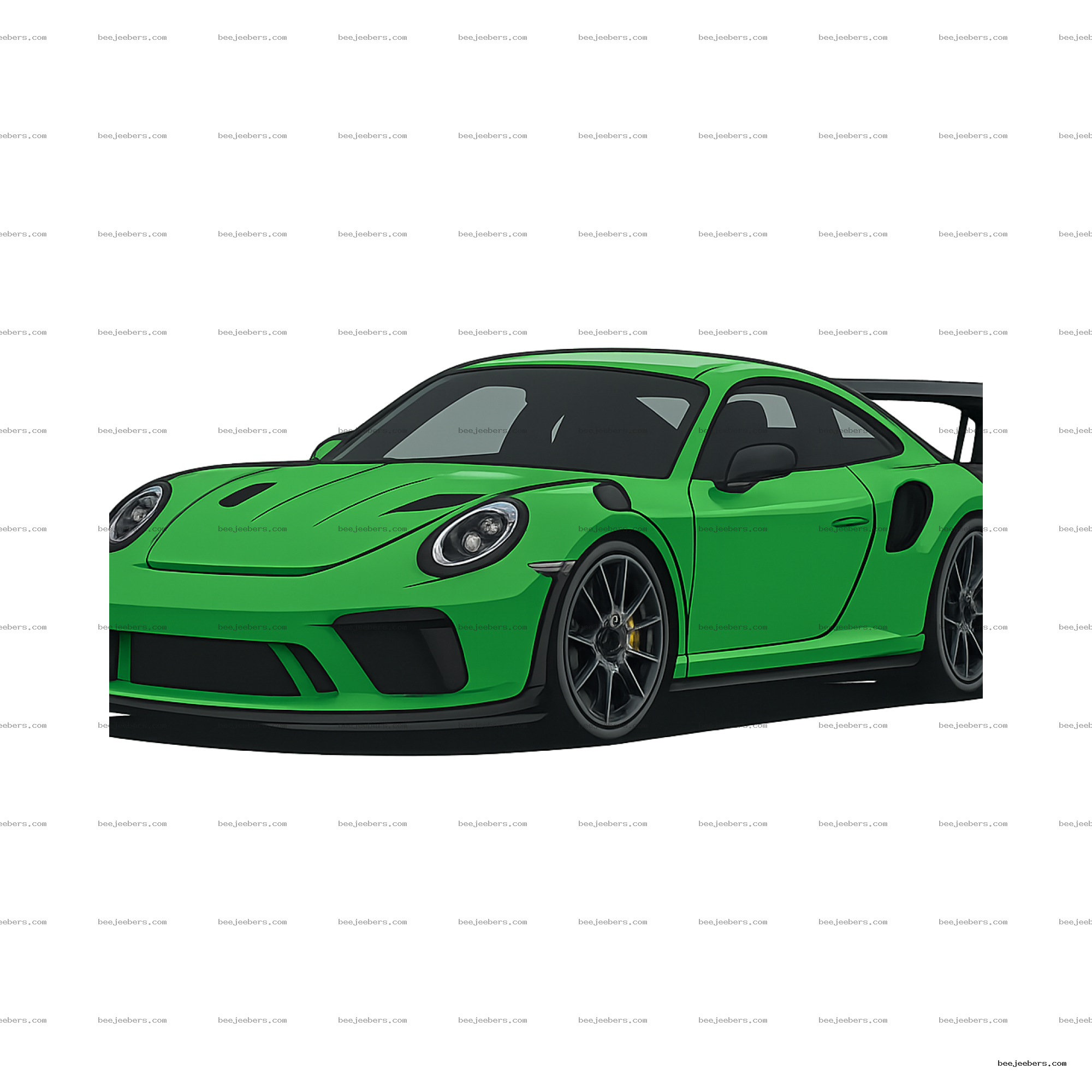 Clean vector PNG of green sports car with large rear wing and detailed headlights