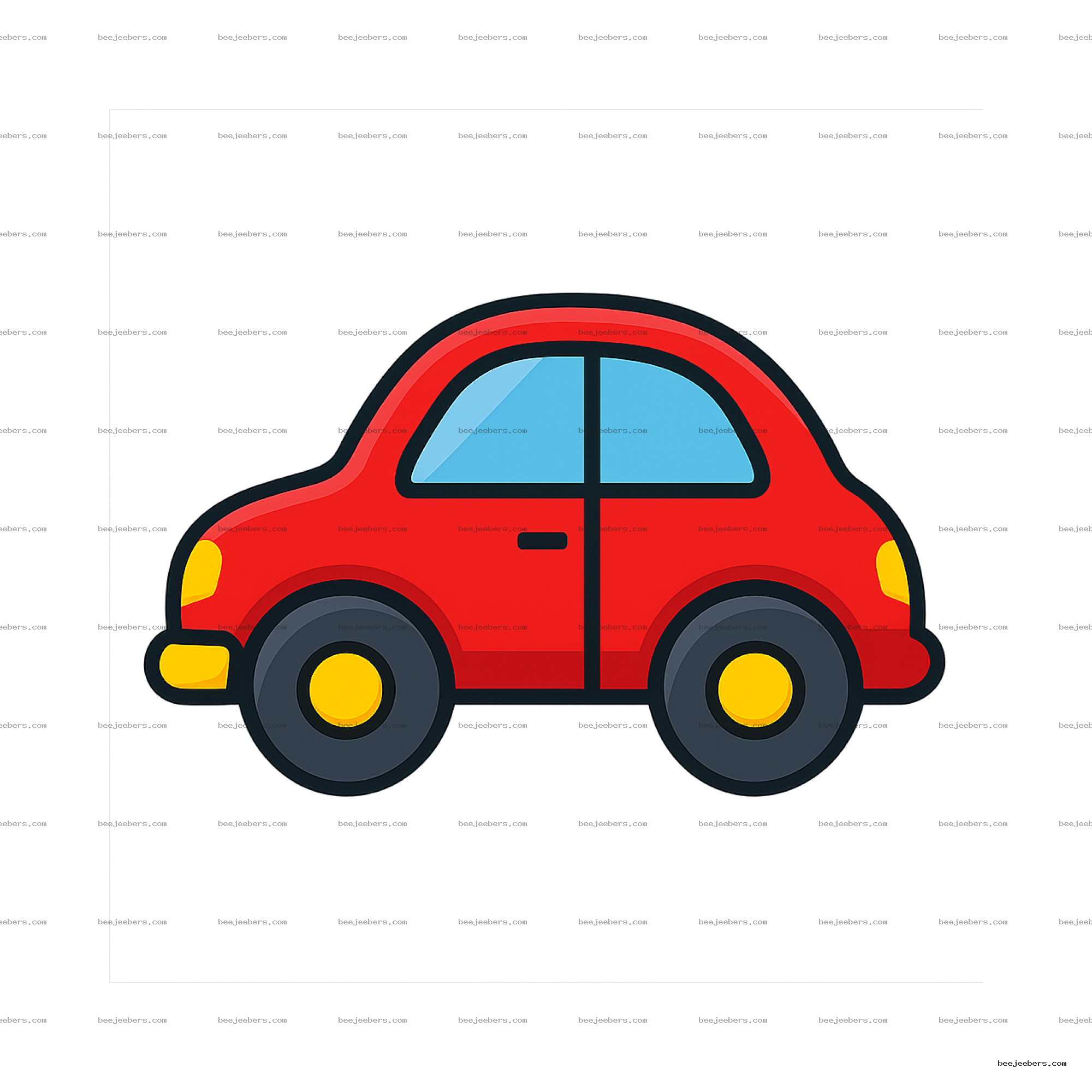 Clean red toy car vector graphic with yellow wheels and blue windows on transparent background