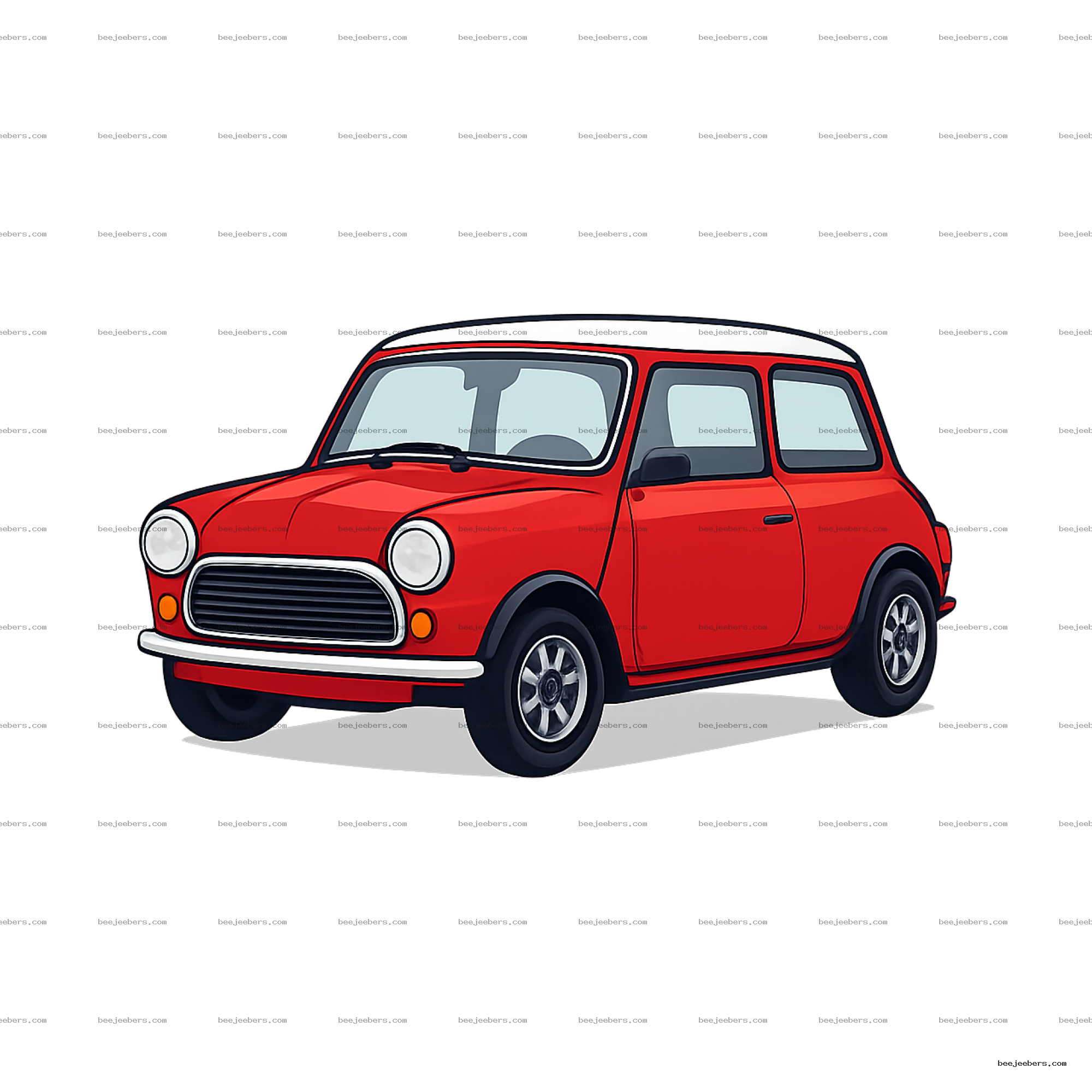 Clean vector illustration of a classic red Mini Cooper car with white roof on transparent background