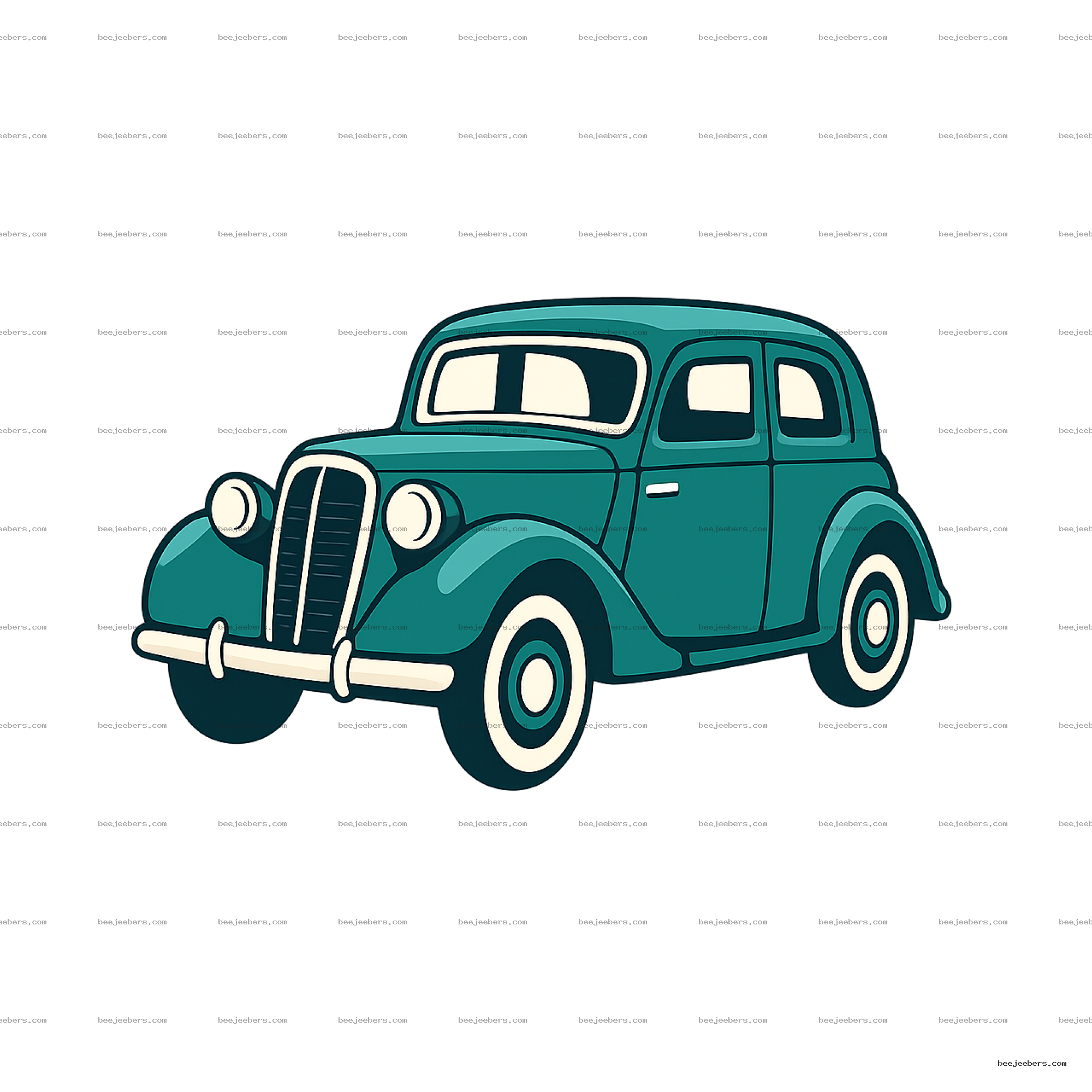 Clean vector illustration of a teal vintage car with cream accents and whitewall tires on transparent background