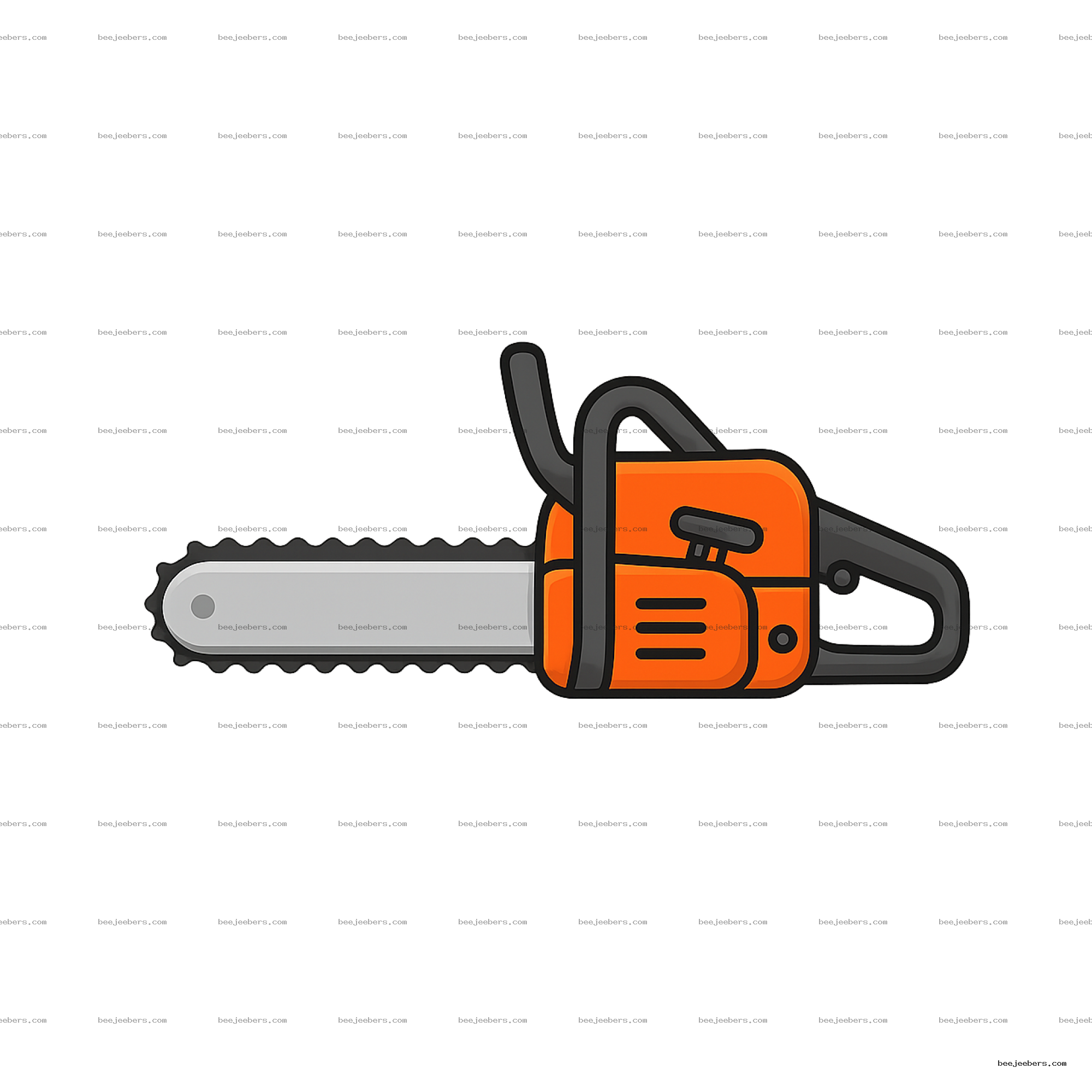 Clean vector chainsaw clipart in orange and black with silver blade on transparent background