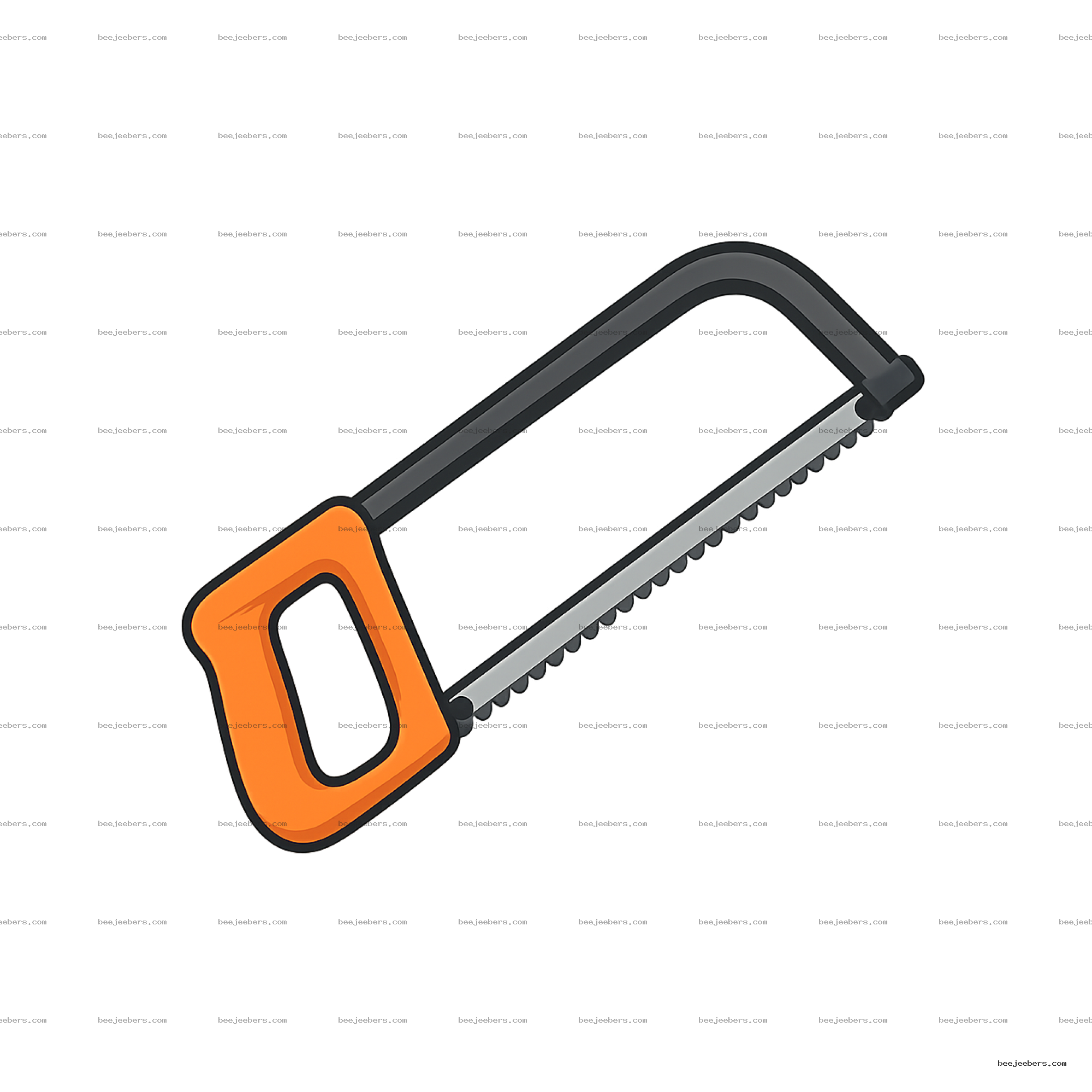 Clean vector illustration of an orange handled hacksaw with serrated blade on transparent background