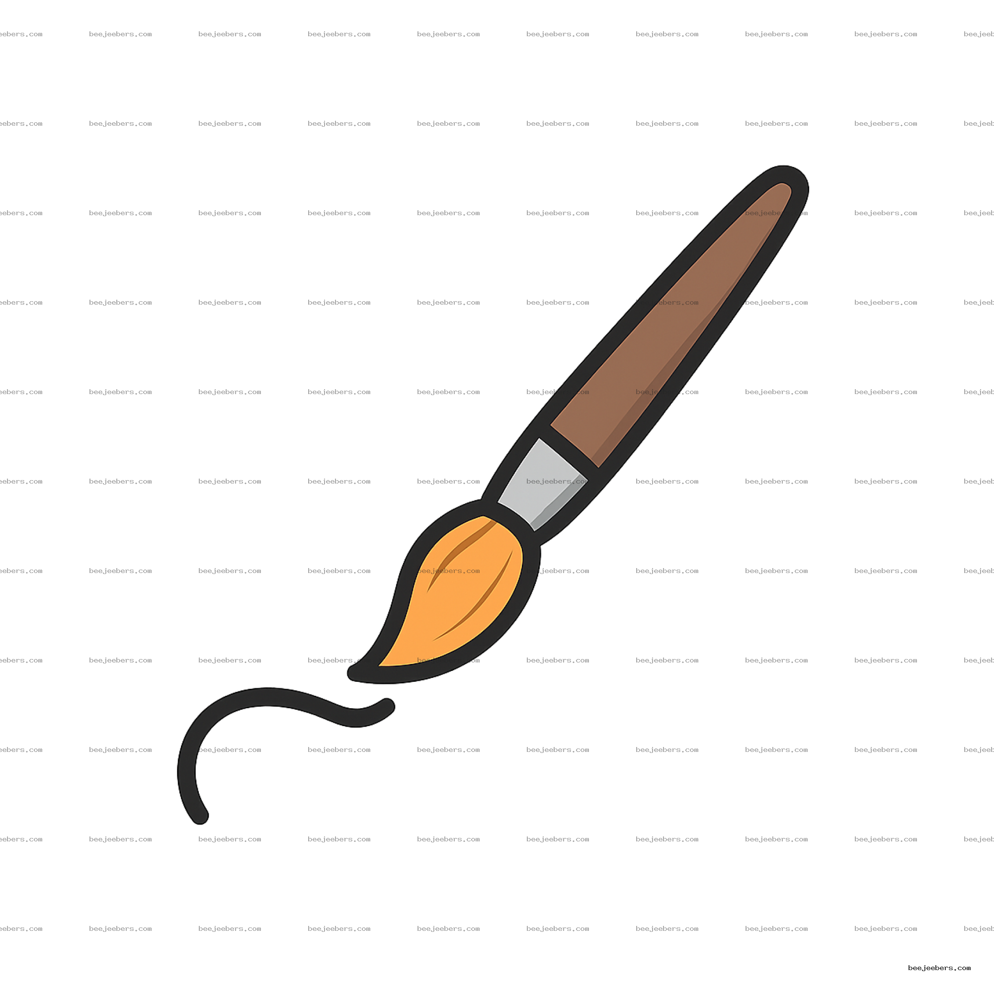 Clean vector paint brush with brown handle and orange bristles making a black paint line PNG