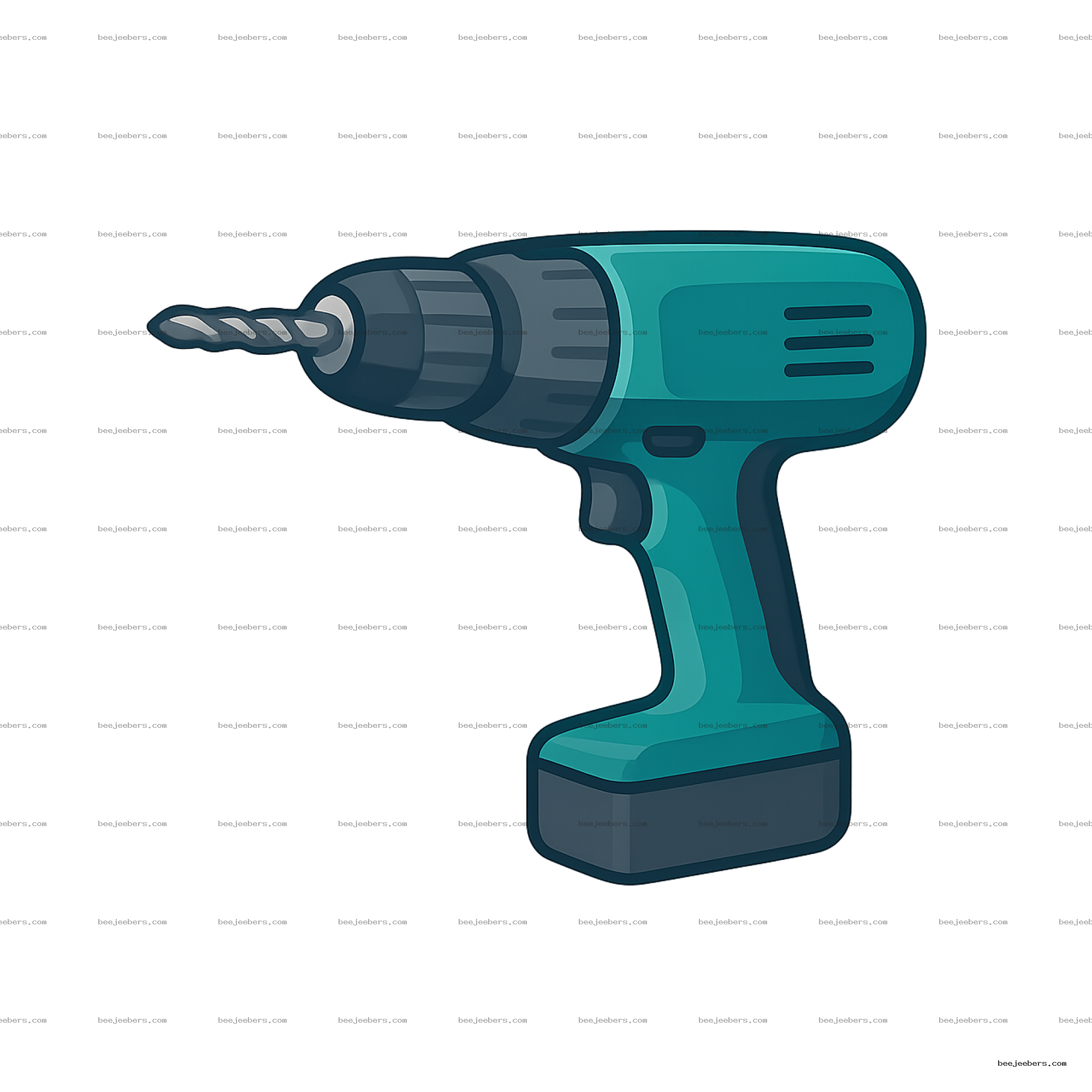Clean vector image of a teal cordless drill with gray drill bit on a transparent background