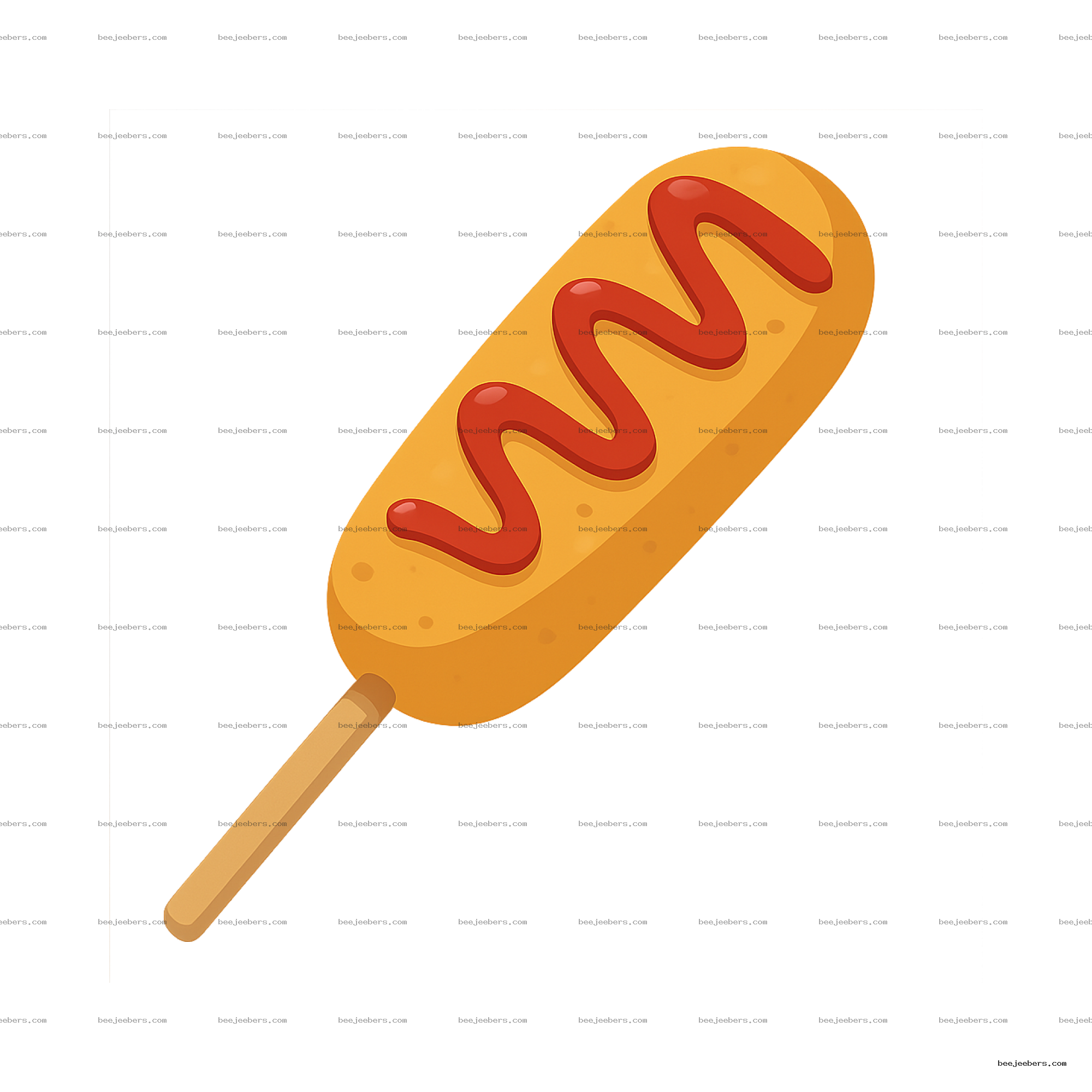 Clean vector illustration of a corn dog with red ketchup zigzag on a wooden stick, transparent background