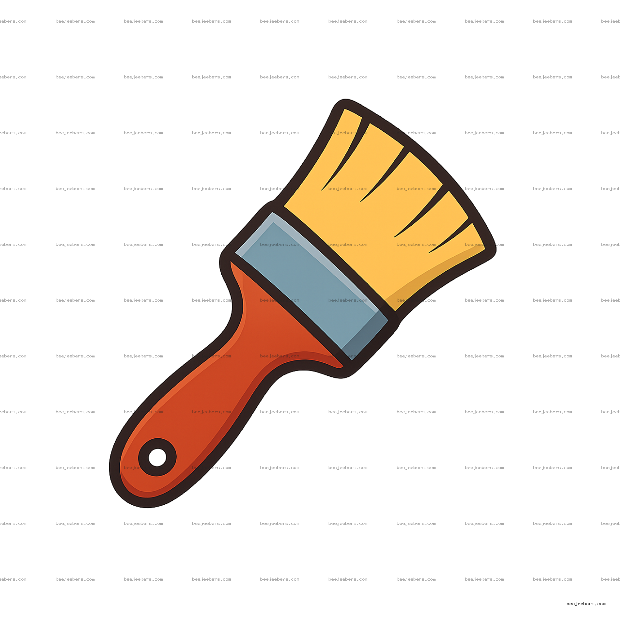 Clean vector illustration of a paint brush with red handle, yellow bristles, and blue ferrule on transparent background