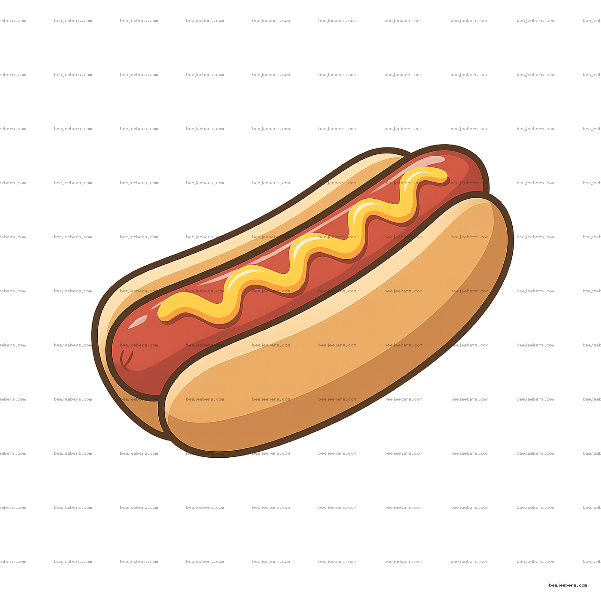 Clean vector illustration of a hot dog in a bun with mustard on transparent background