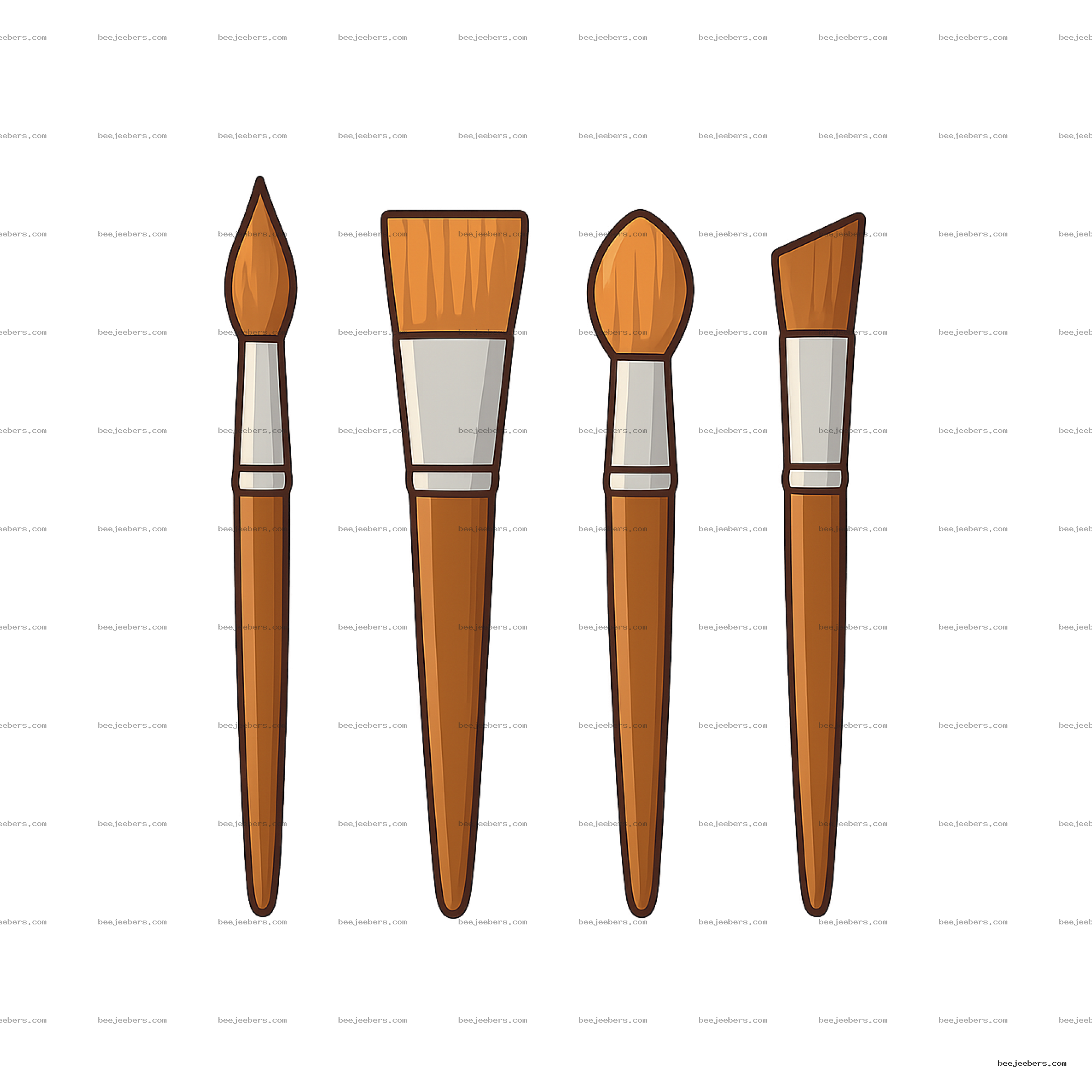 Clean vector clipart of four paintbrushes with different tip shapes on transparent background