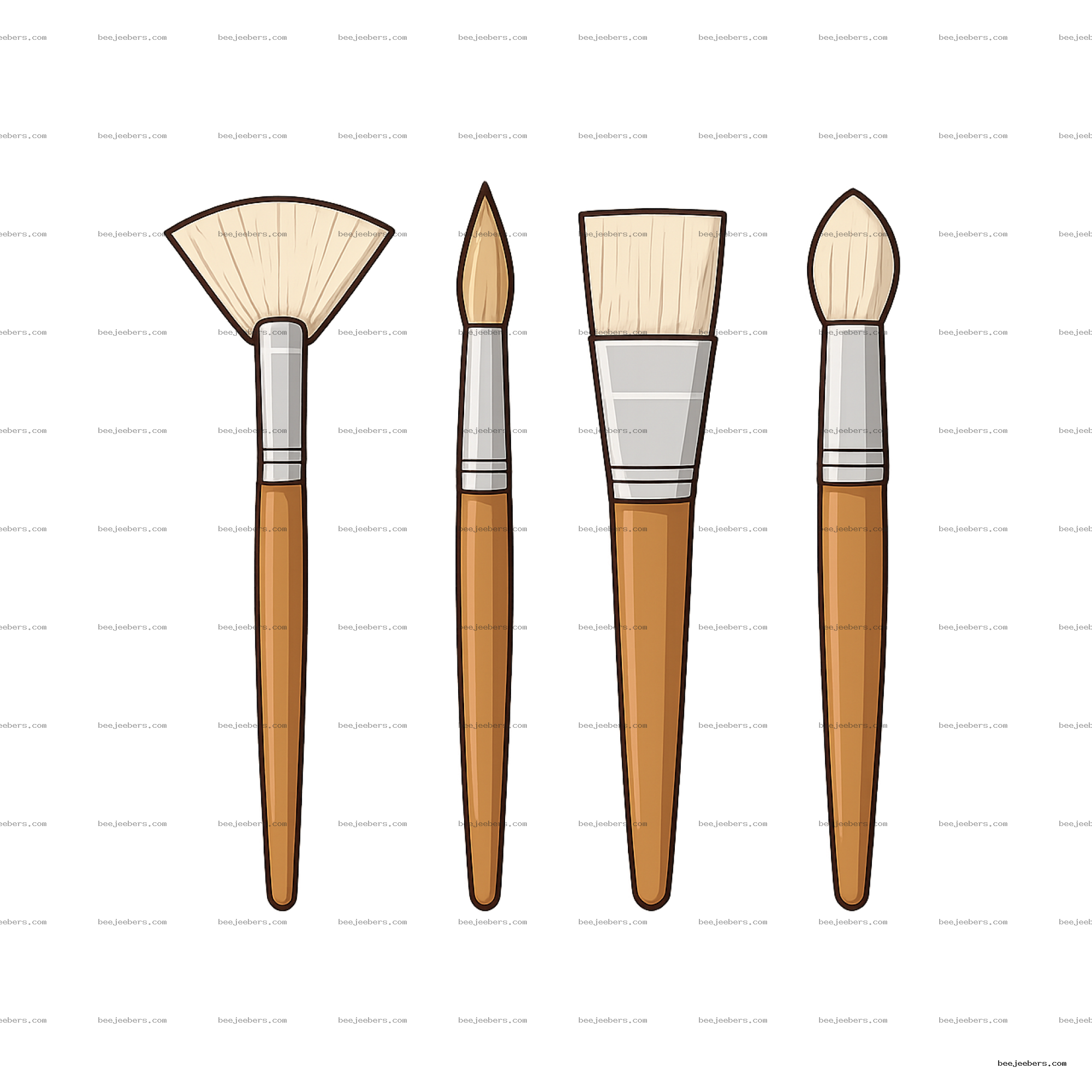 Vector illustration of four different shaped art brushes with wooden handles on transparent background
