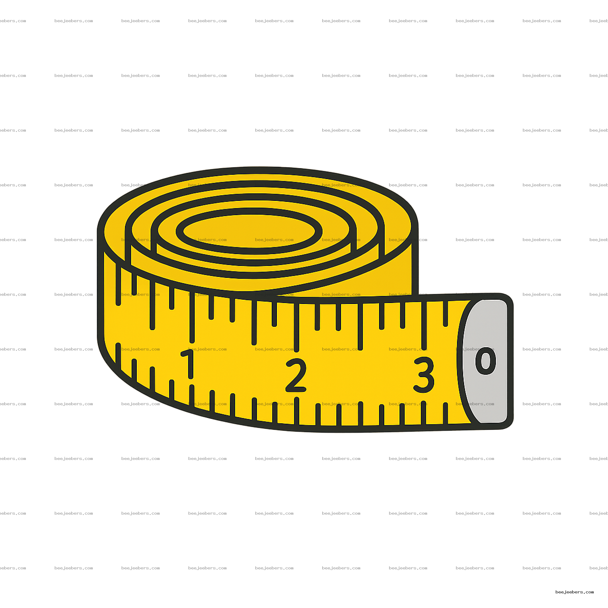Yellow rolled measuring tape with black number markings and metallic end on transparent background