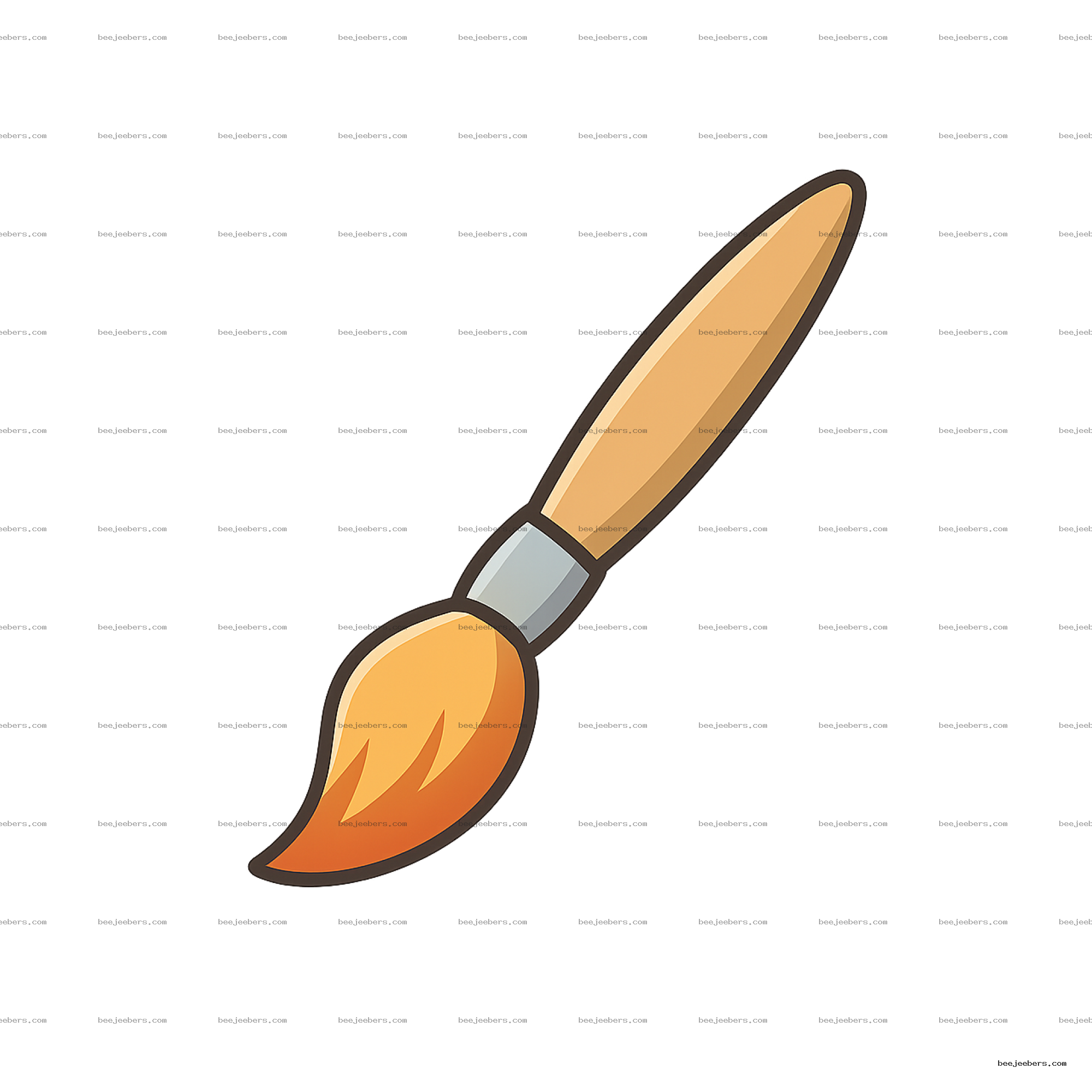 Cartoon style paint brush with wooden handle and orange bristles, clean vector PNG with transparent background