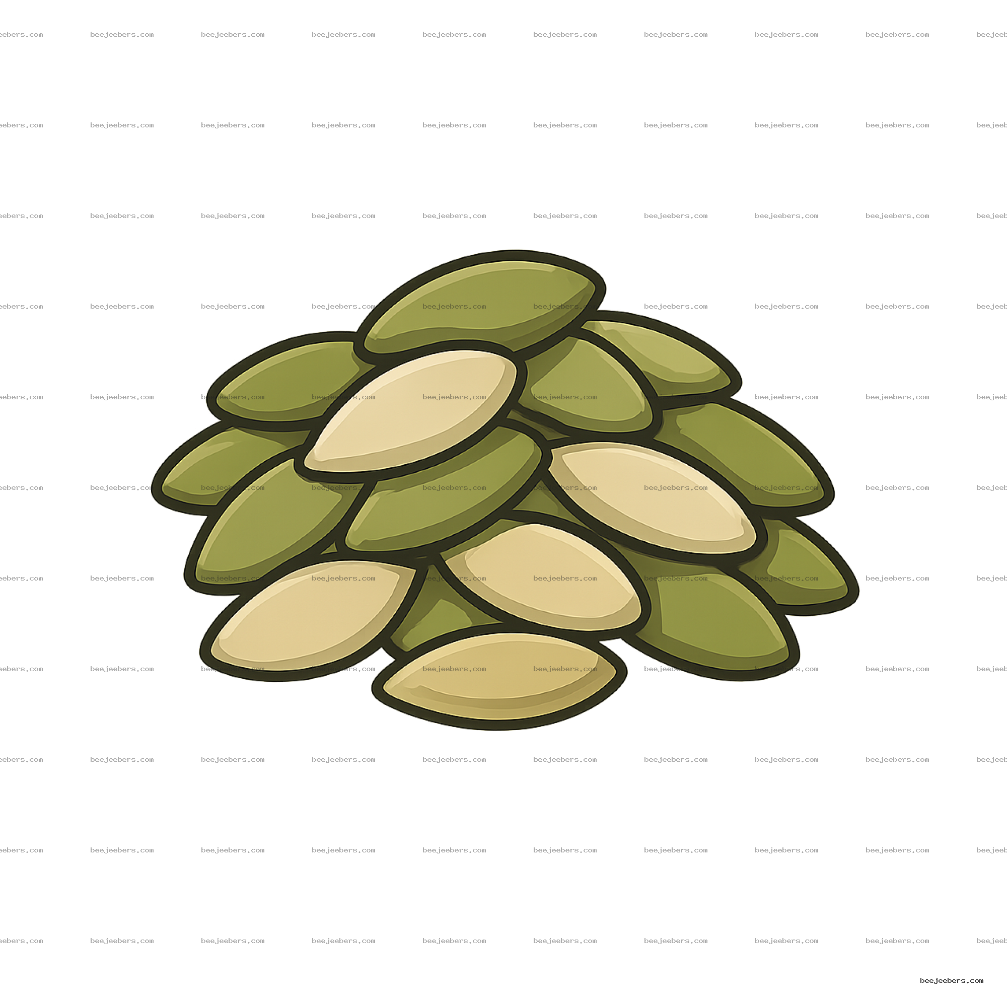 Close-up clean vector illustration of green and beige pumpkin seeds with transparent background