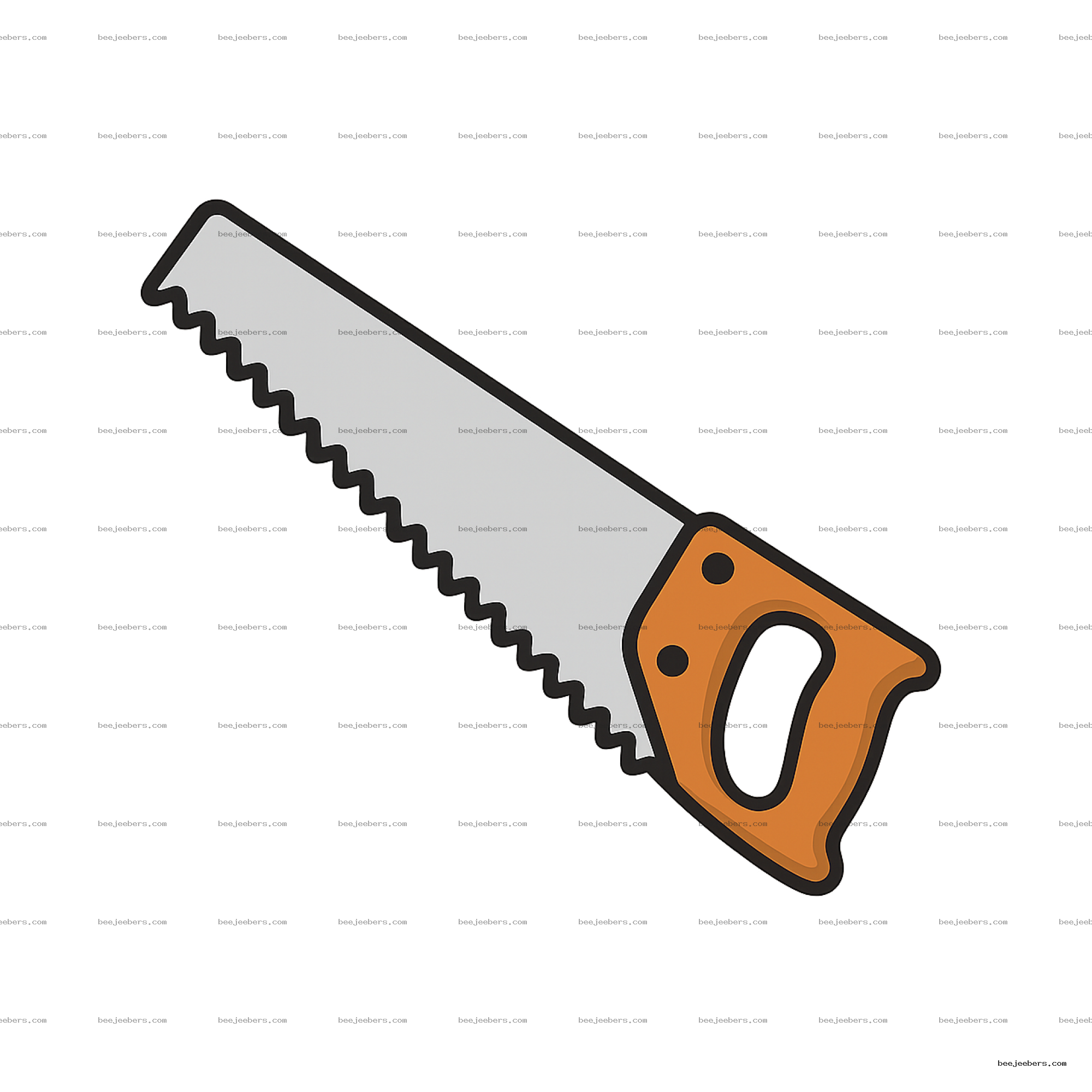 Clean vector PNG of a traditional hand saw with orange handle and jagged silver blade on transparent background