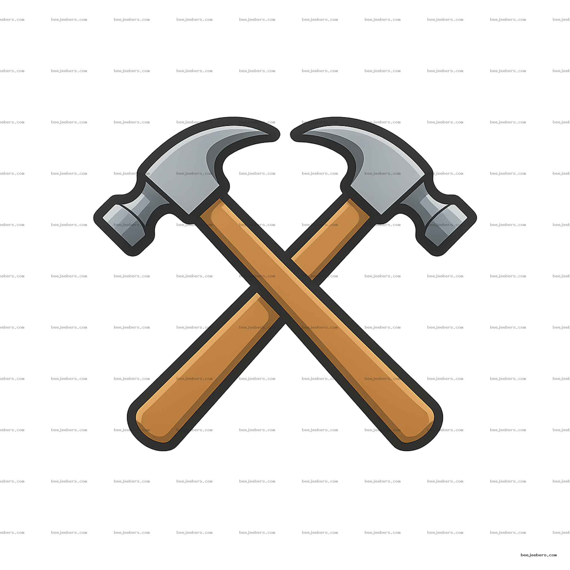 Clean vector image of two crossed hammers with wooden handles and gray metal heads on a transparent background