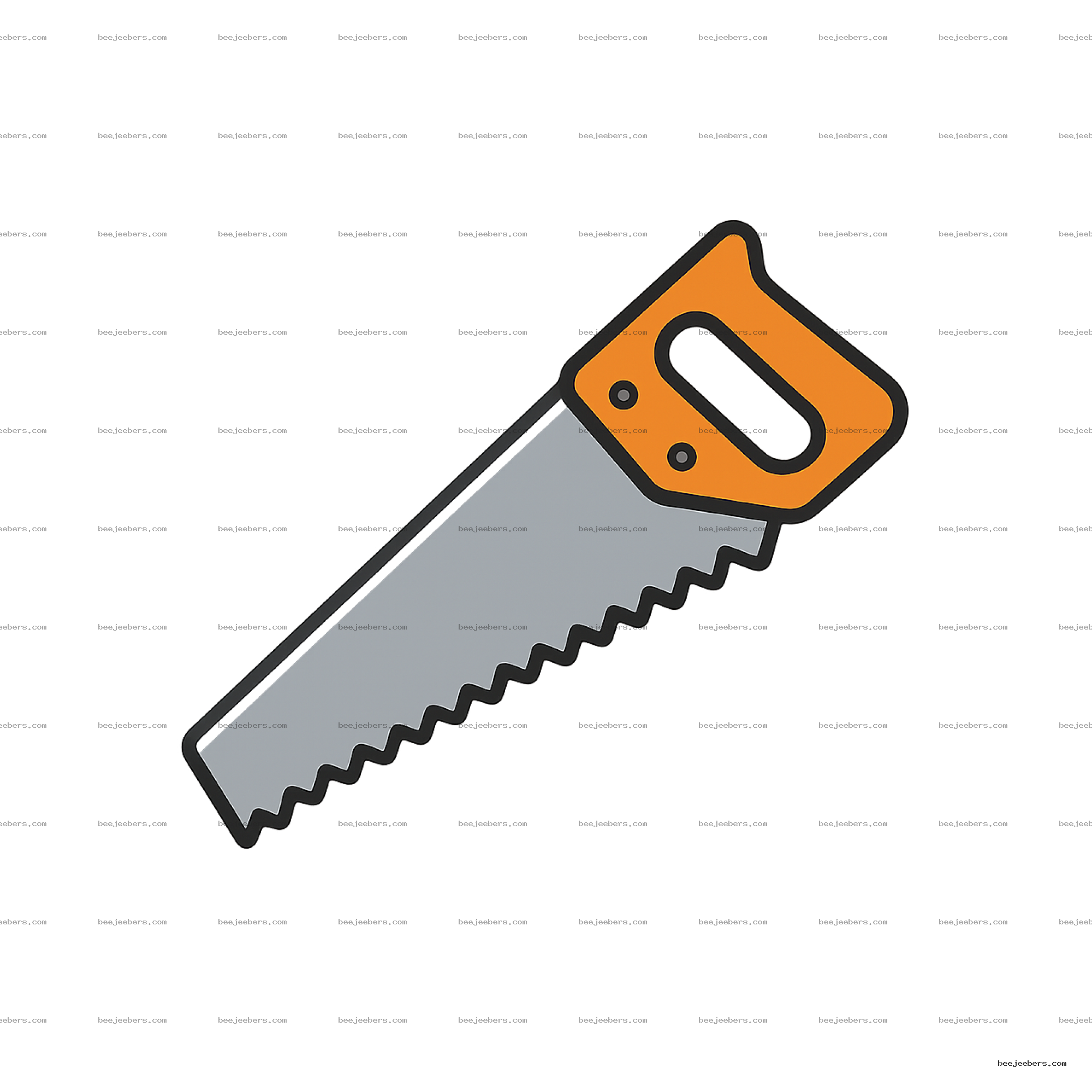 Clean vector illustration of a hand saw with orange handle and gray blade on transparent background