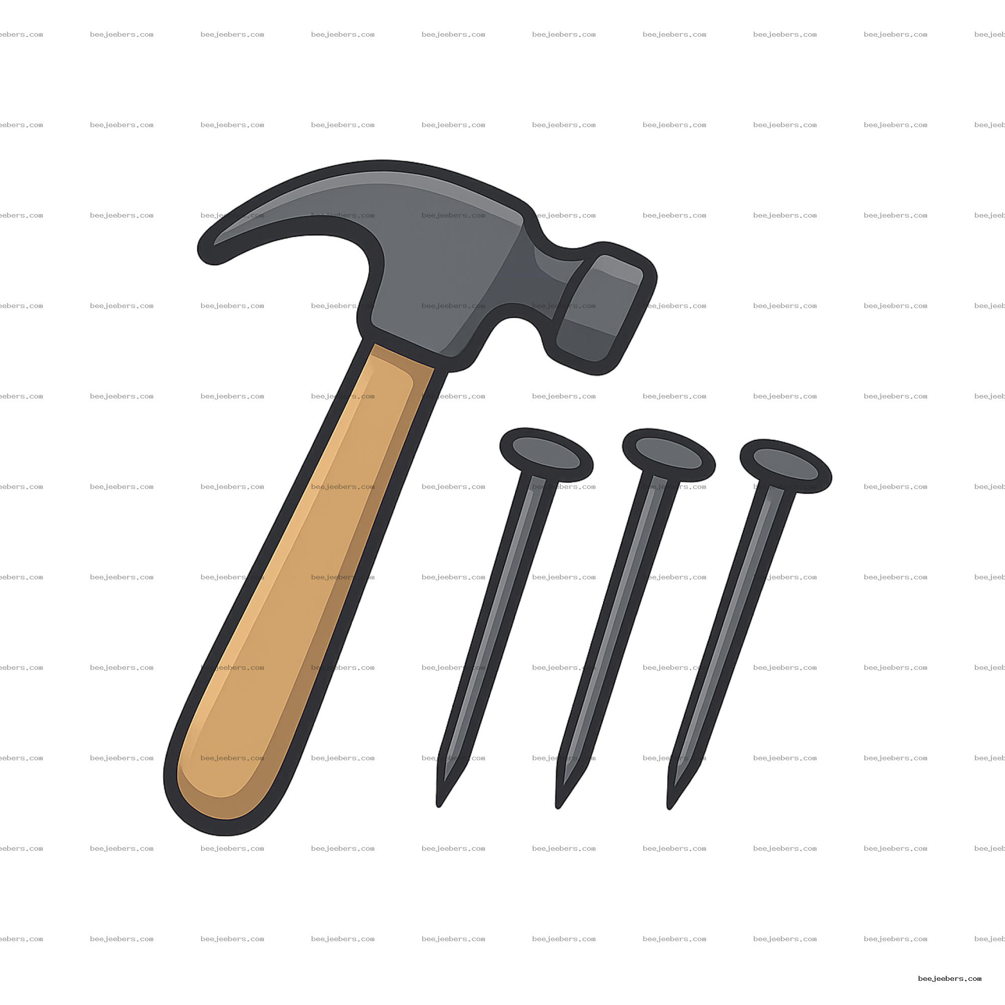 Clean vector illustration of a hammer with wooden handle and four nails on transparent background