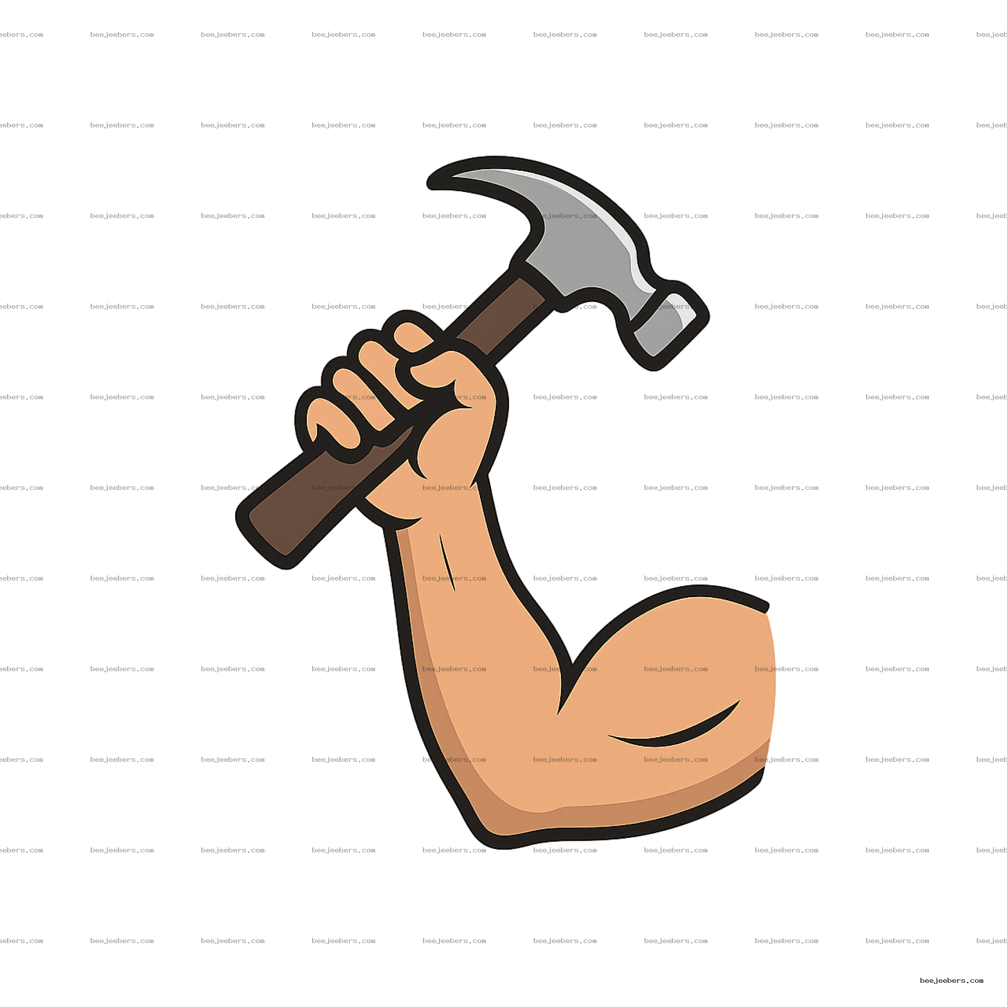 Vector illustration of a muscular arm holding a hammer with a brown handle on a transparent background