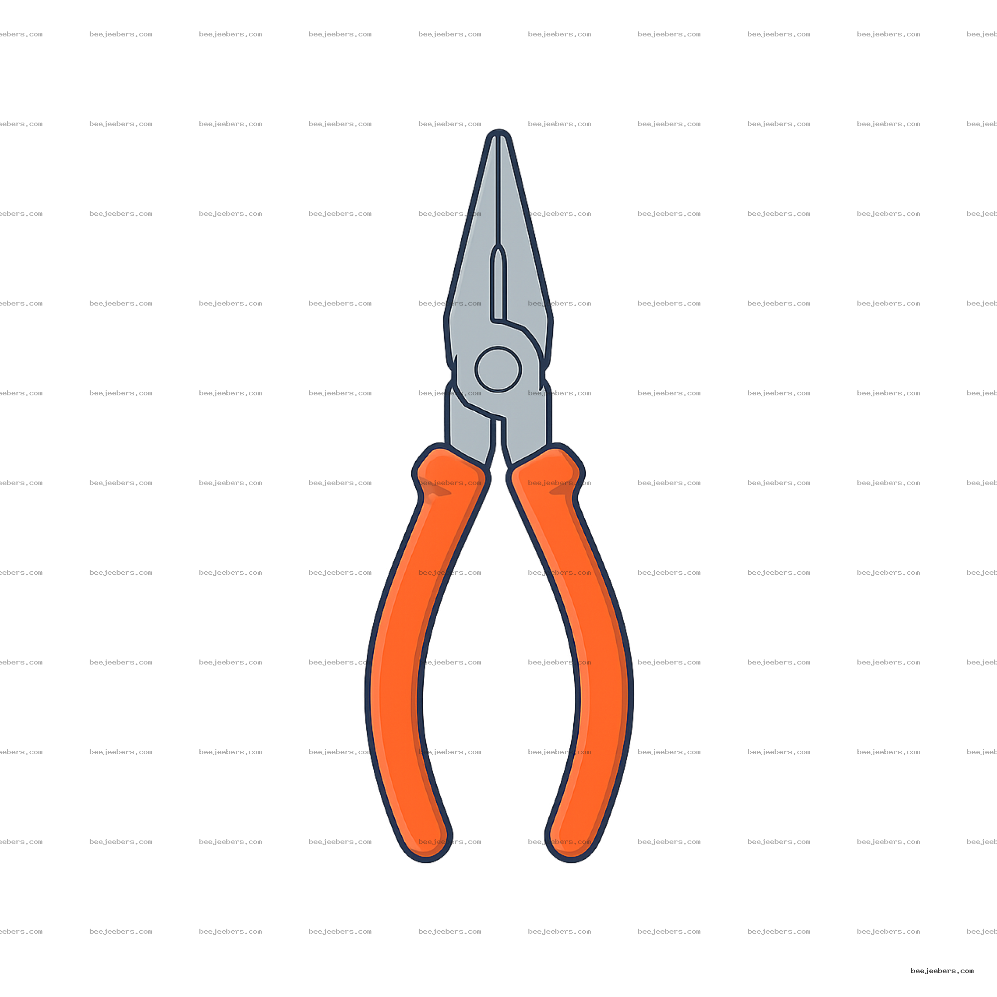 Vector illustration of long nose pliers with gray jaws and orange handles on transparent background