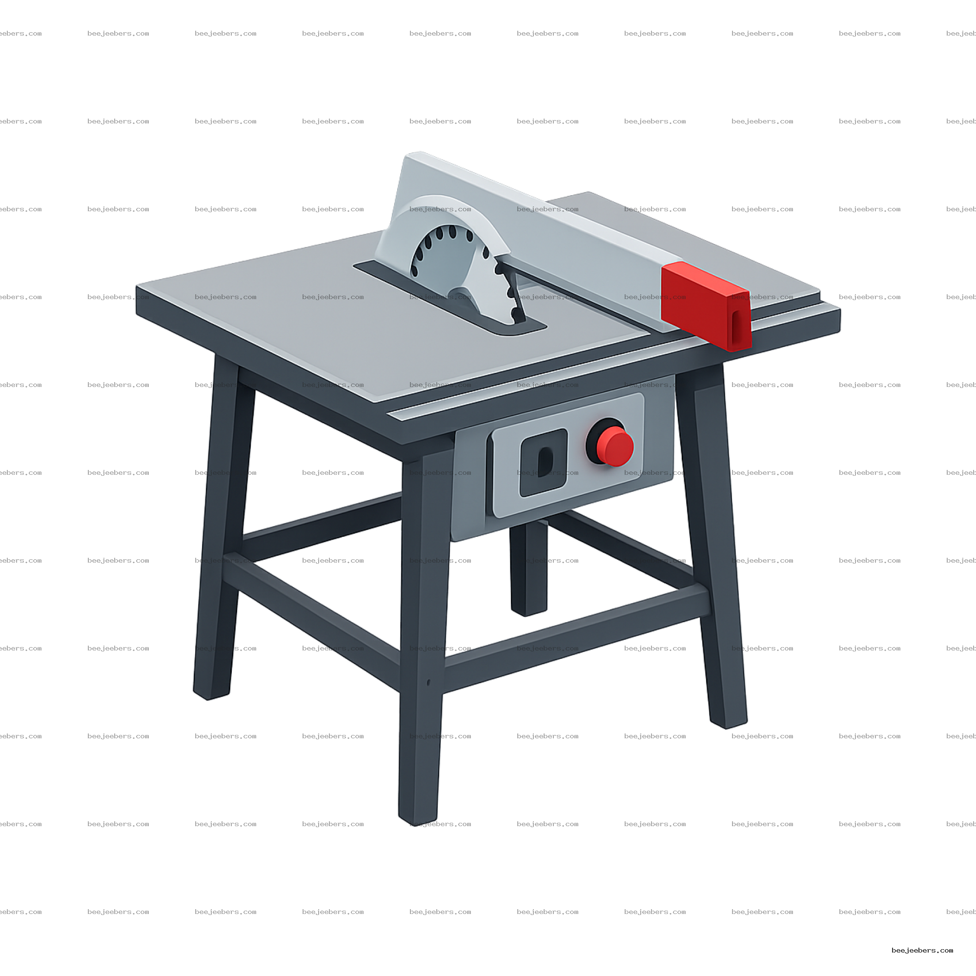 Vector illustration of a gray table saw with circular blade and red safety handle on transparent background