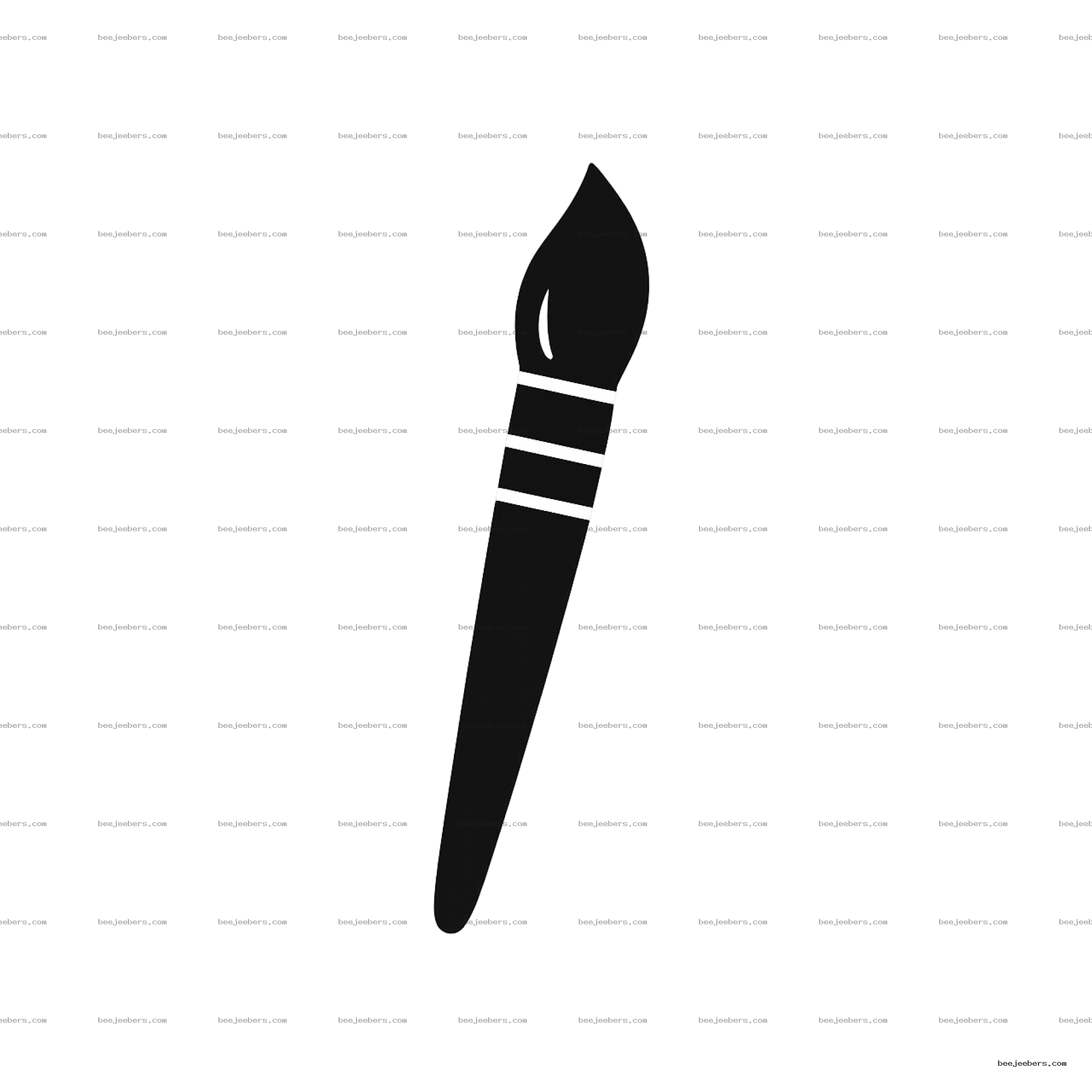 Black paint brush vector PNG with three white stripes on handle and pointed tip, transparent background