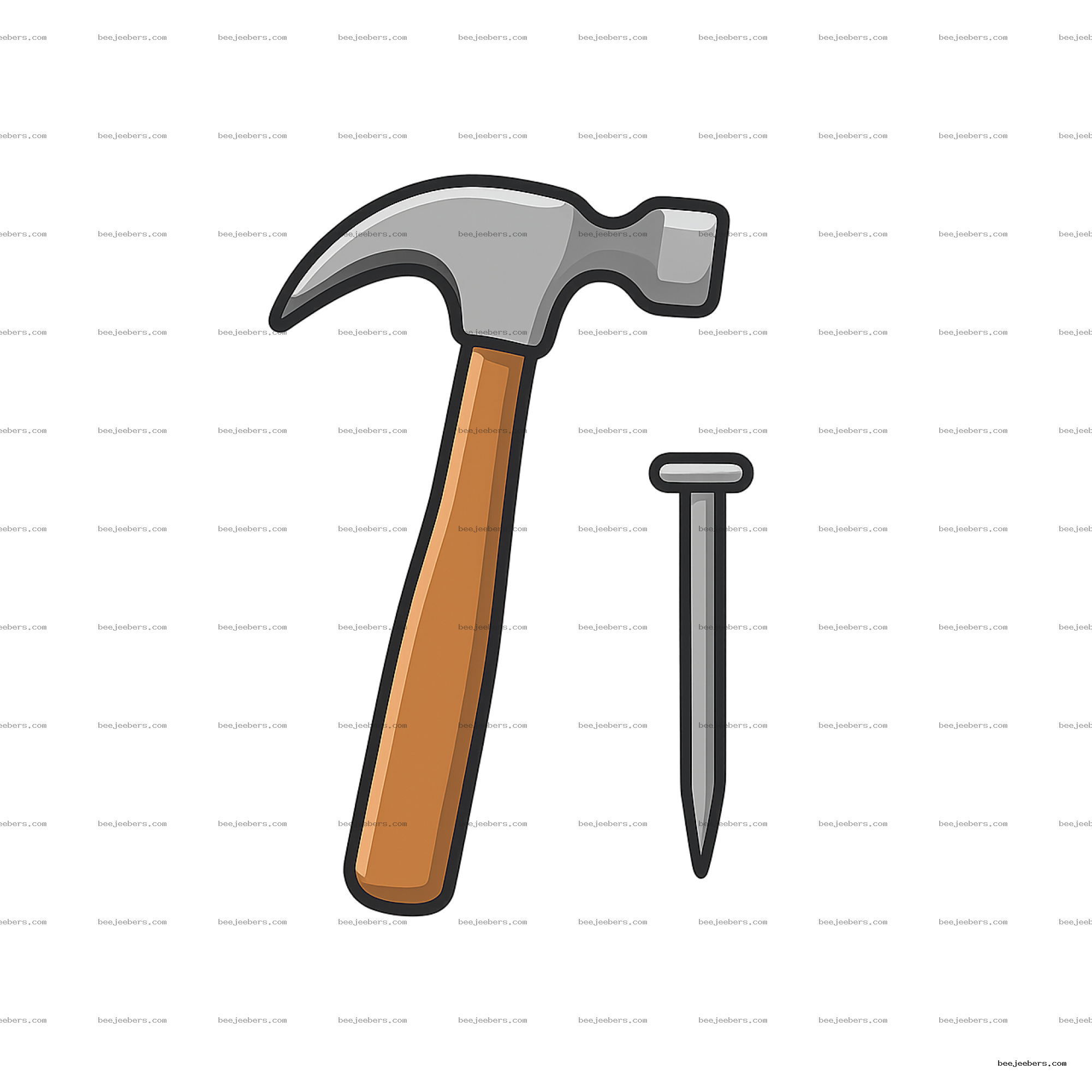 Clean vector illustration of a hammer striking a nail with wooden handle and gray steel head on transparent background.