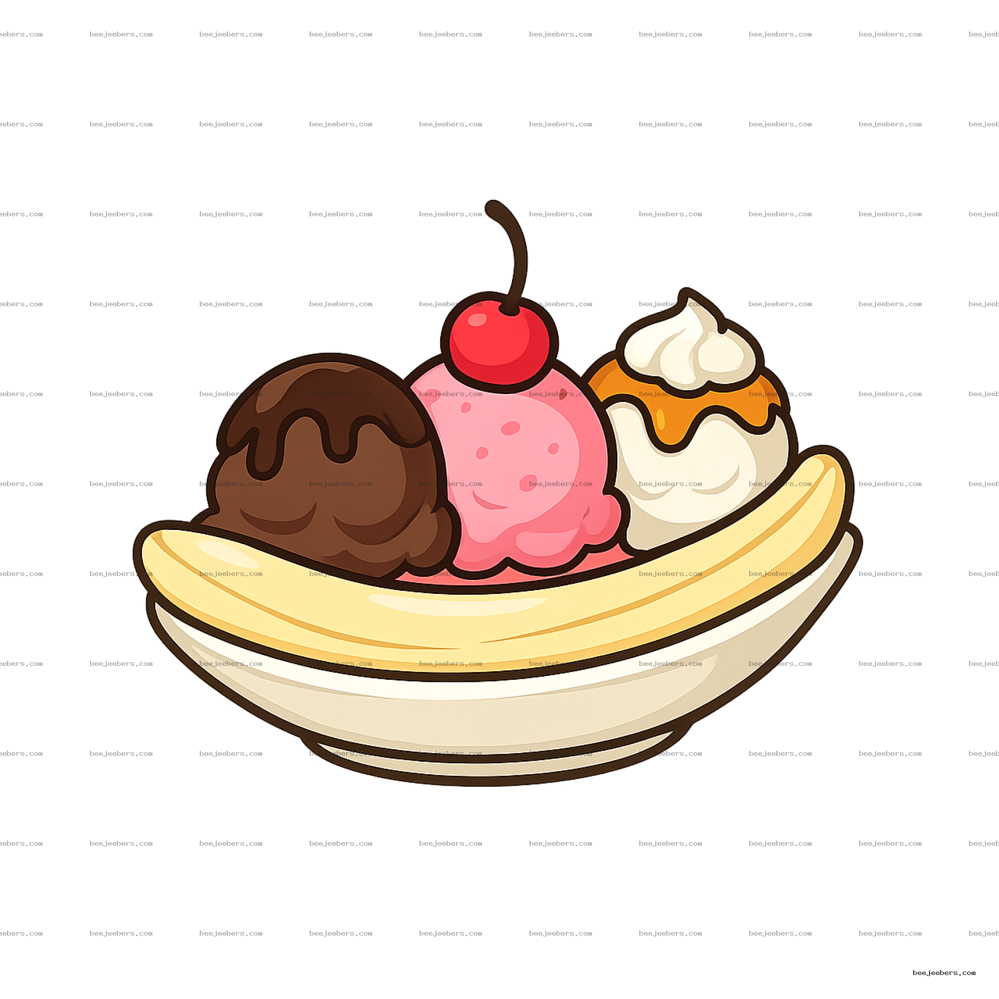 Vector banana split with chocolate, strawberry, vanilla ice cream, banana, cherry, whipped cream, and syrup on transparent background