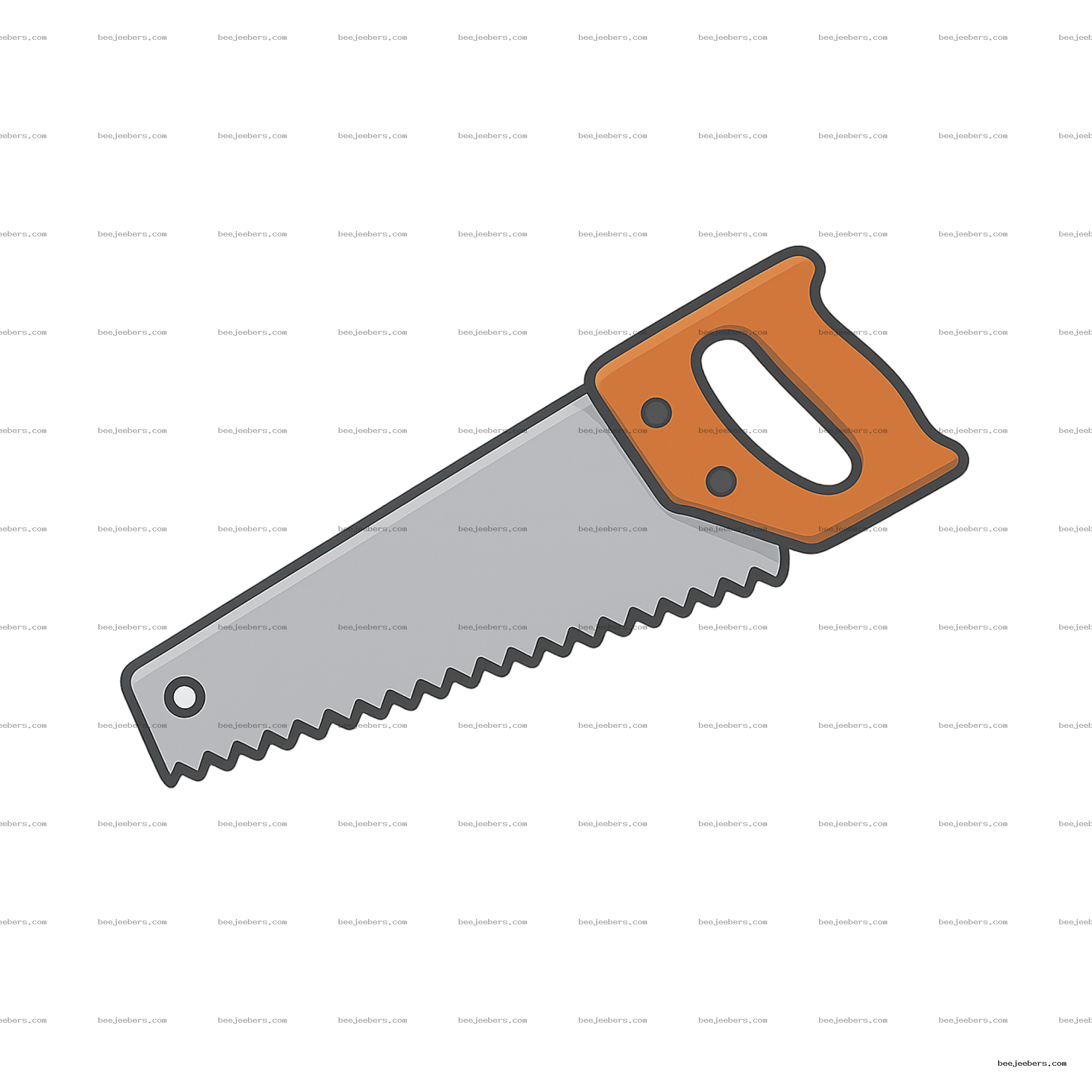 Clean vector illustration of a hand saw with orange handle and serrated blade on transparent background