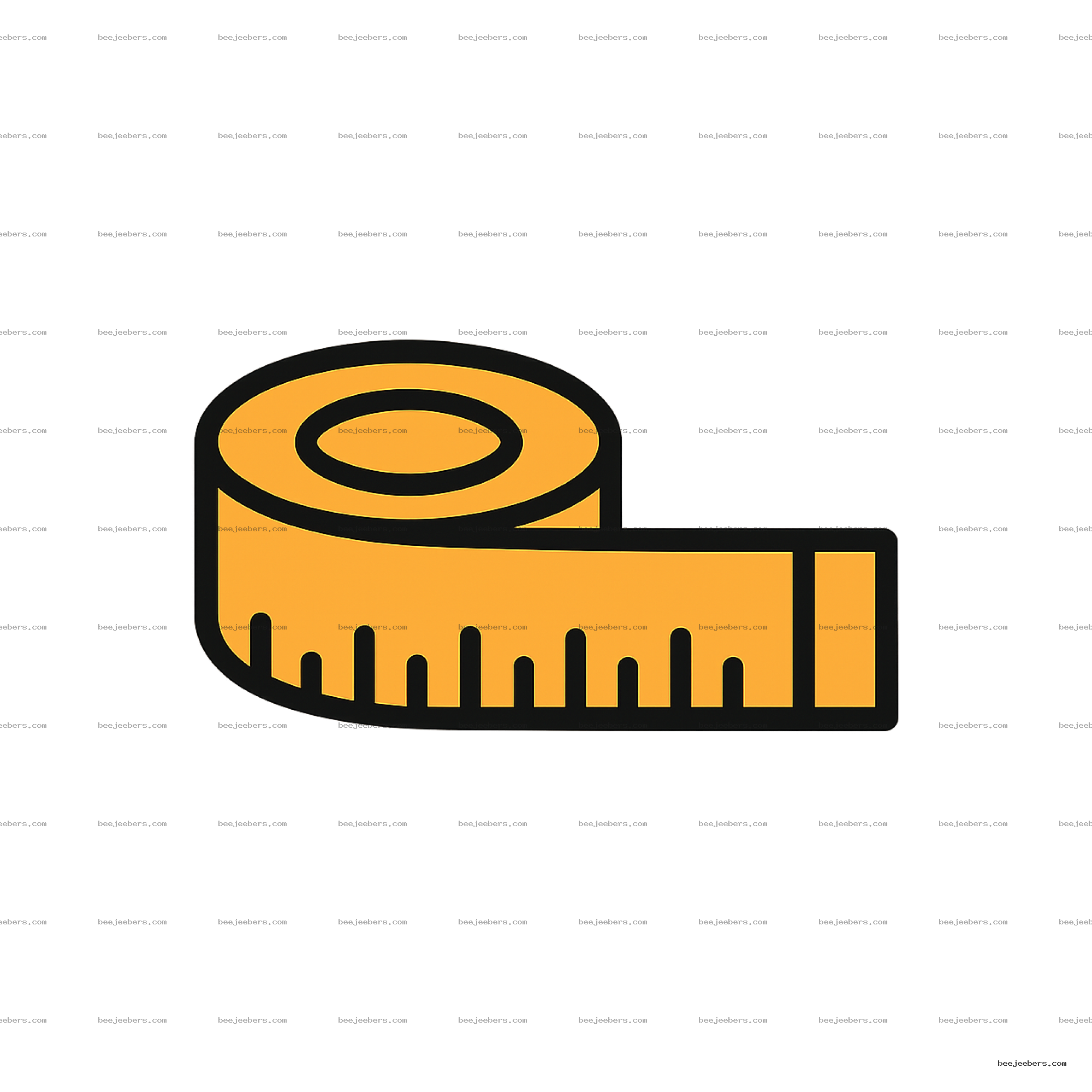 Vector icon of a yellow measuring tape rolled up with black lines and transparent background