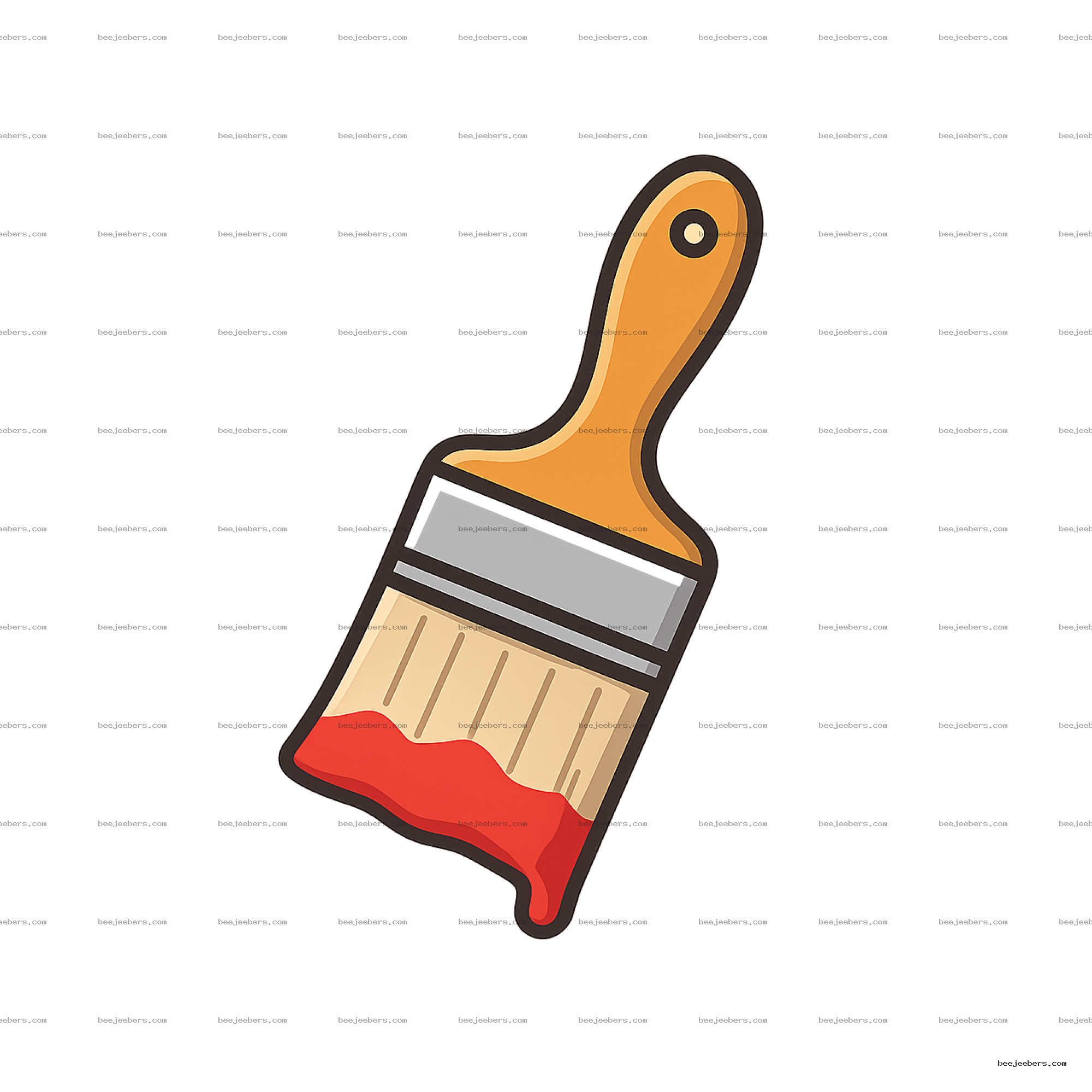 Clean vector paint brush clipart with orange handle and red paint on bristles on transparent background