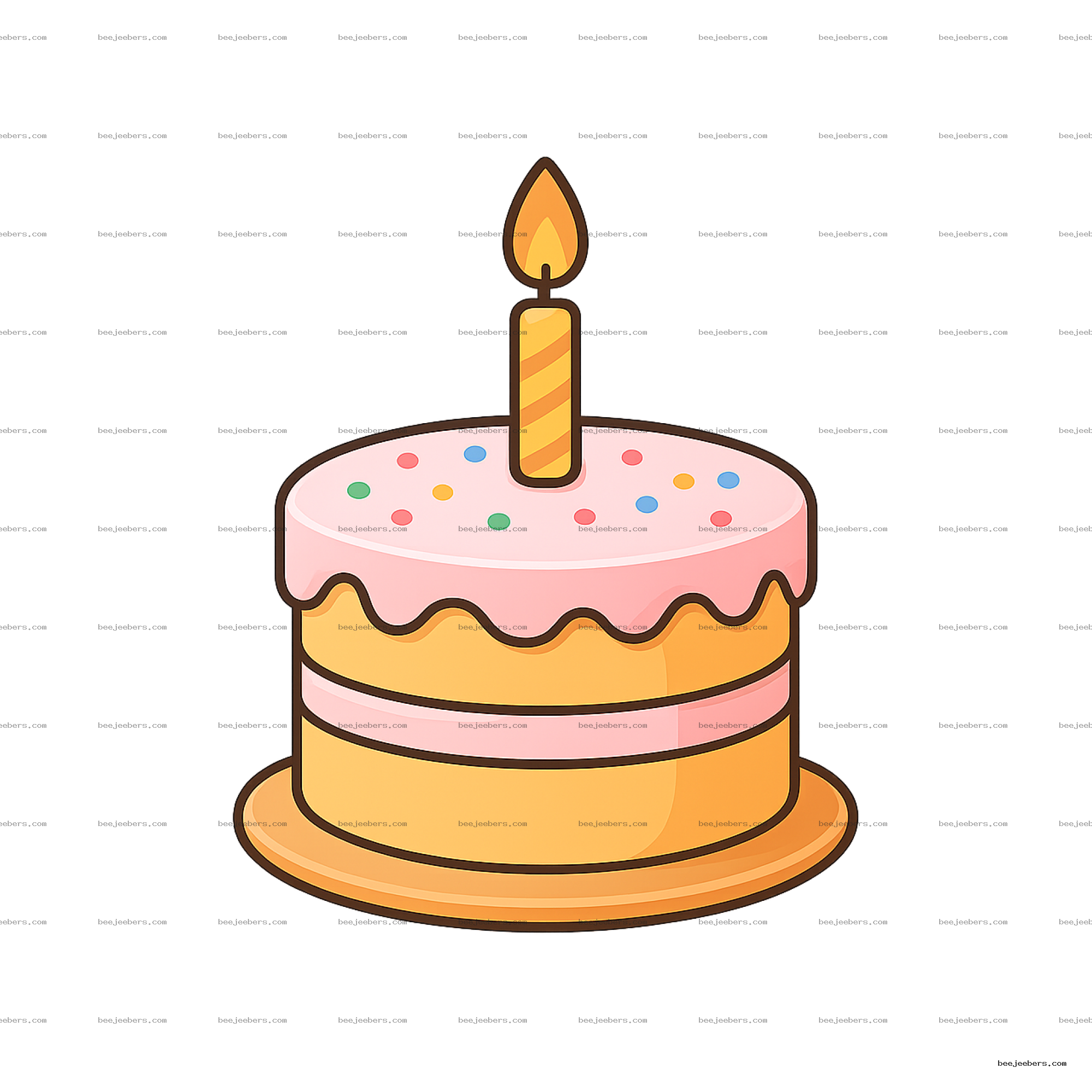 Cartoon birthday cake with pink frosting, colorful sprinkles, and one lit candle on top without background