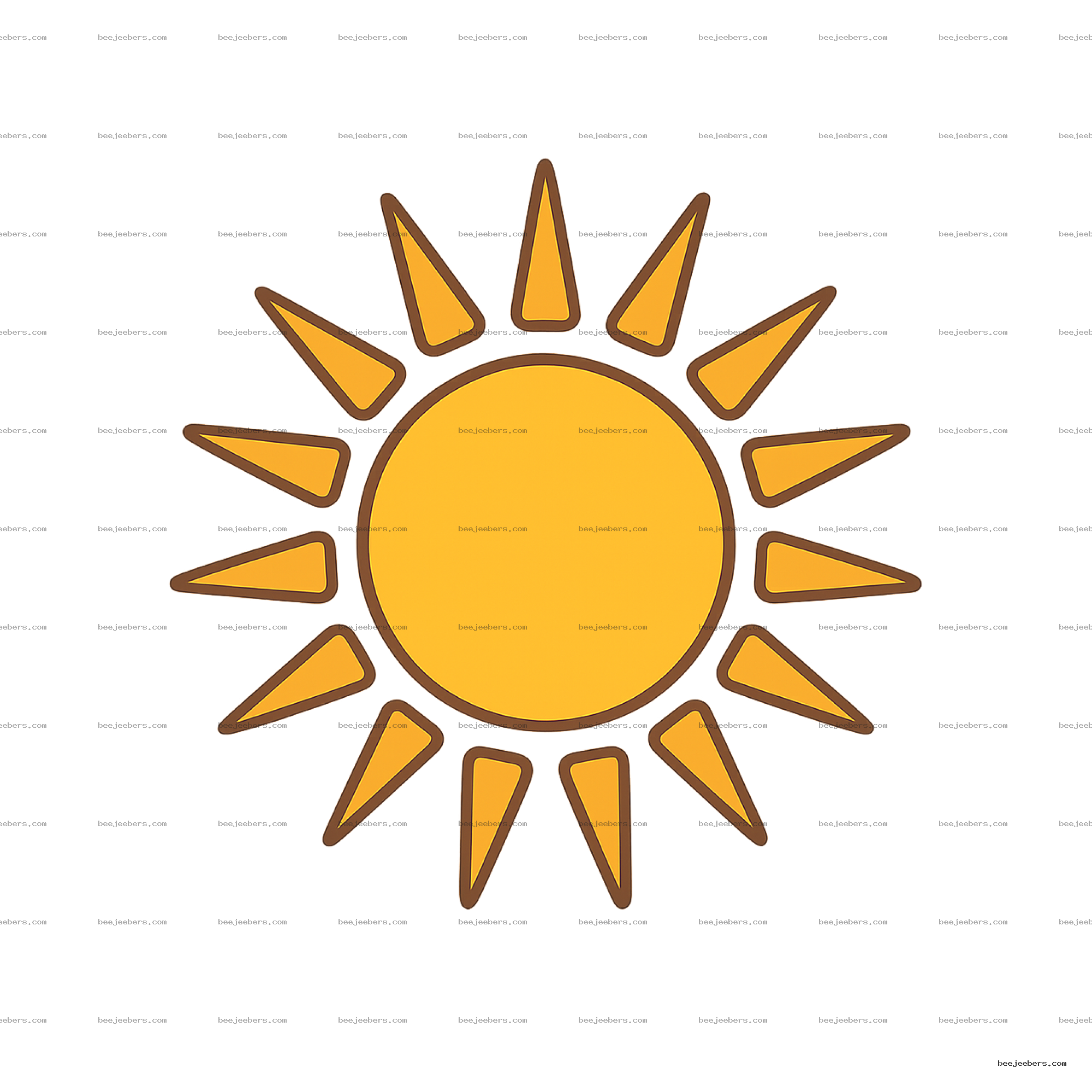 Clean vector illustration of bright yellow sun with brown triangular rays on transparent background
