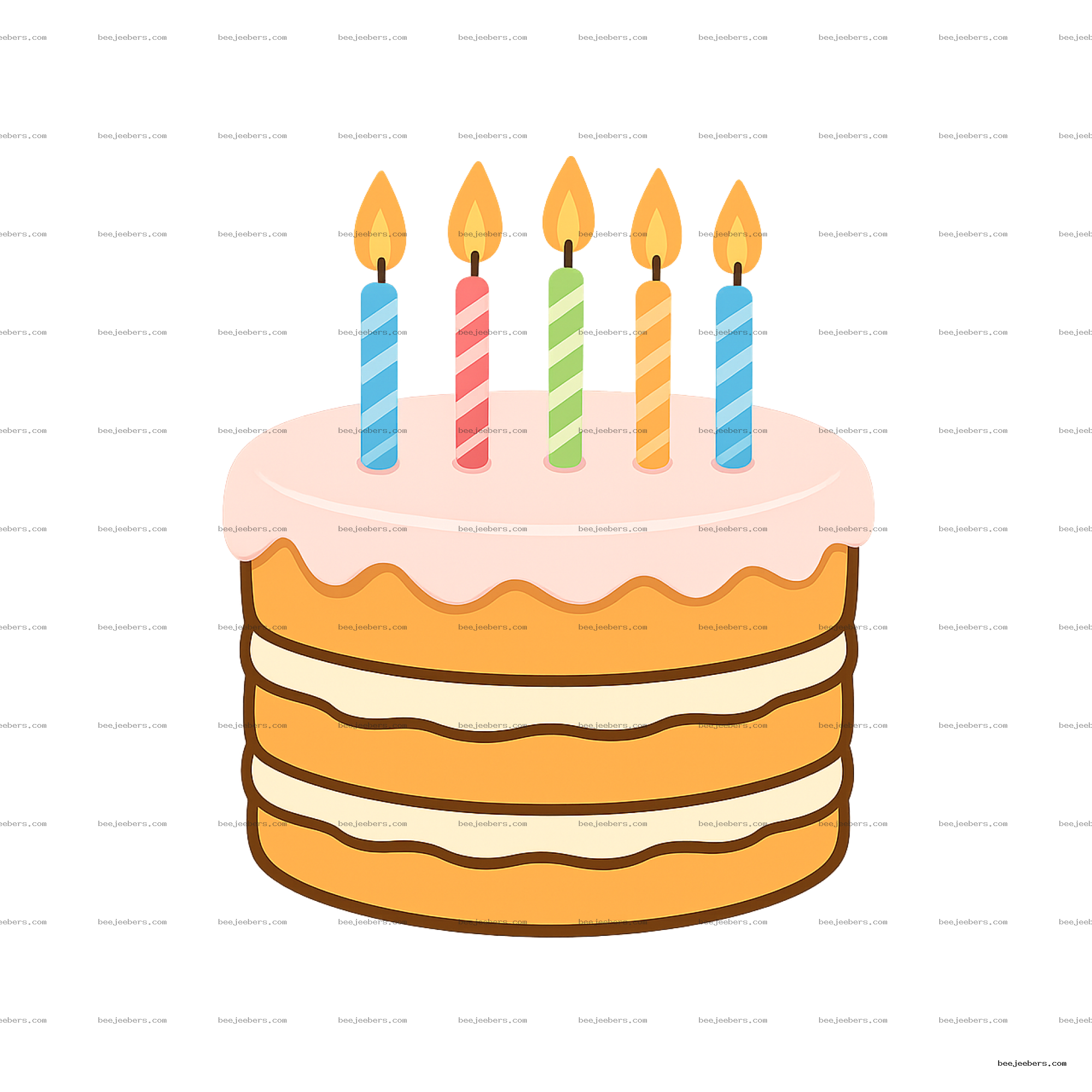Vector birthday cake with pink icing and five lit colorful candles on transparent background