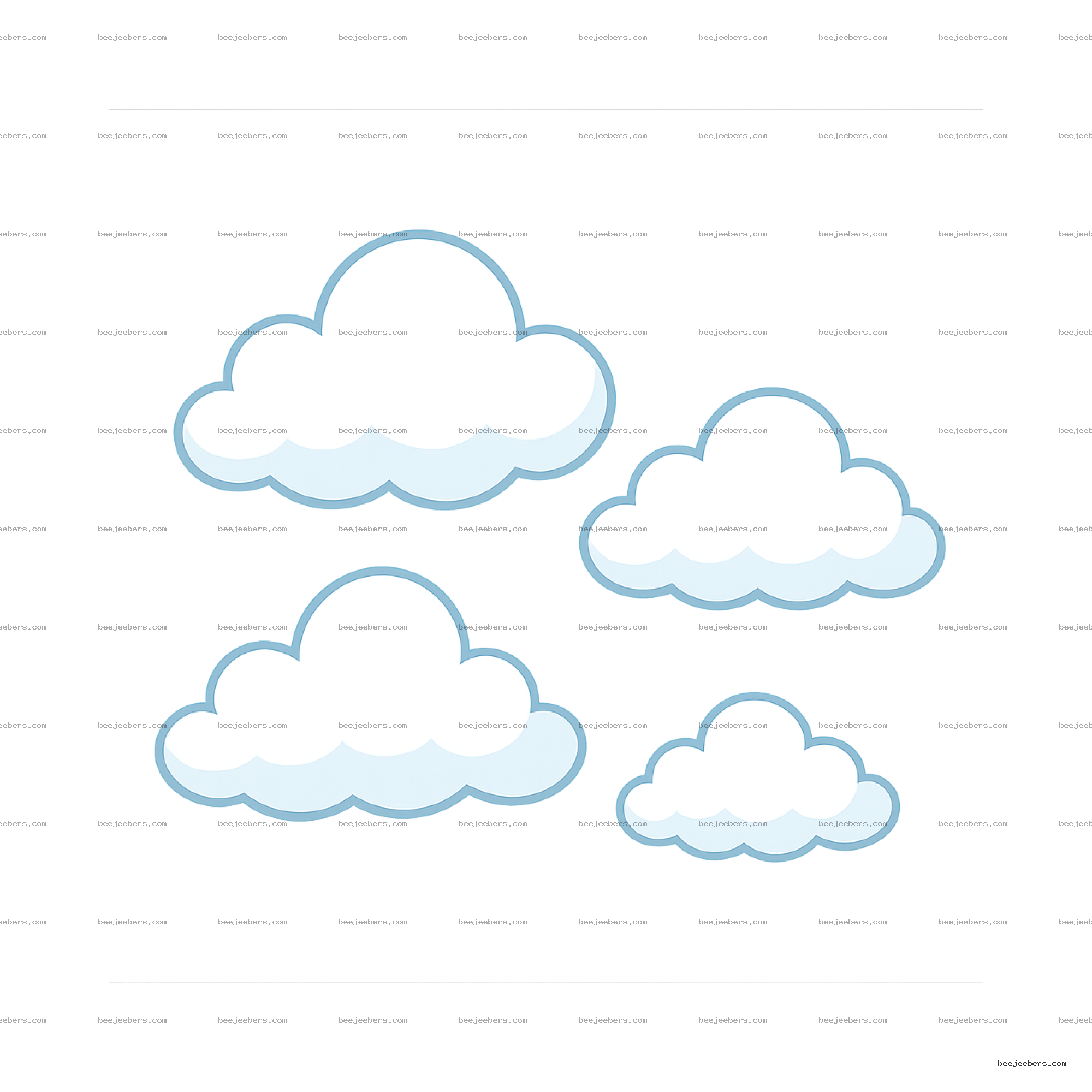Vector illustration of multiple white clouds with light blue outlines on transparent background