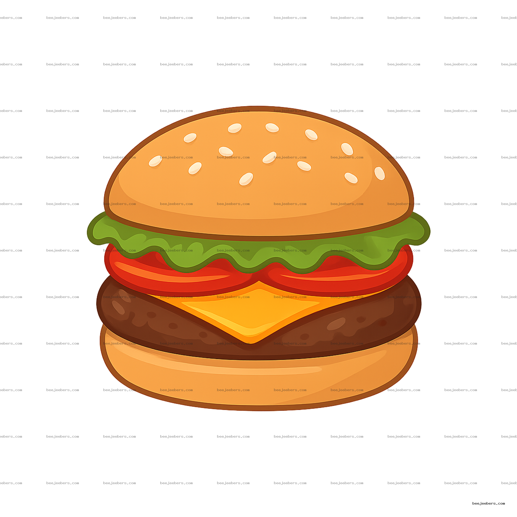 Vector illustration of a cheeseburger with lettuce, tomato, cheese, and sesame seed bun on transparent background