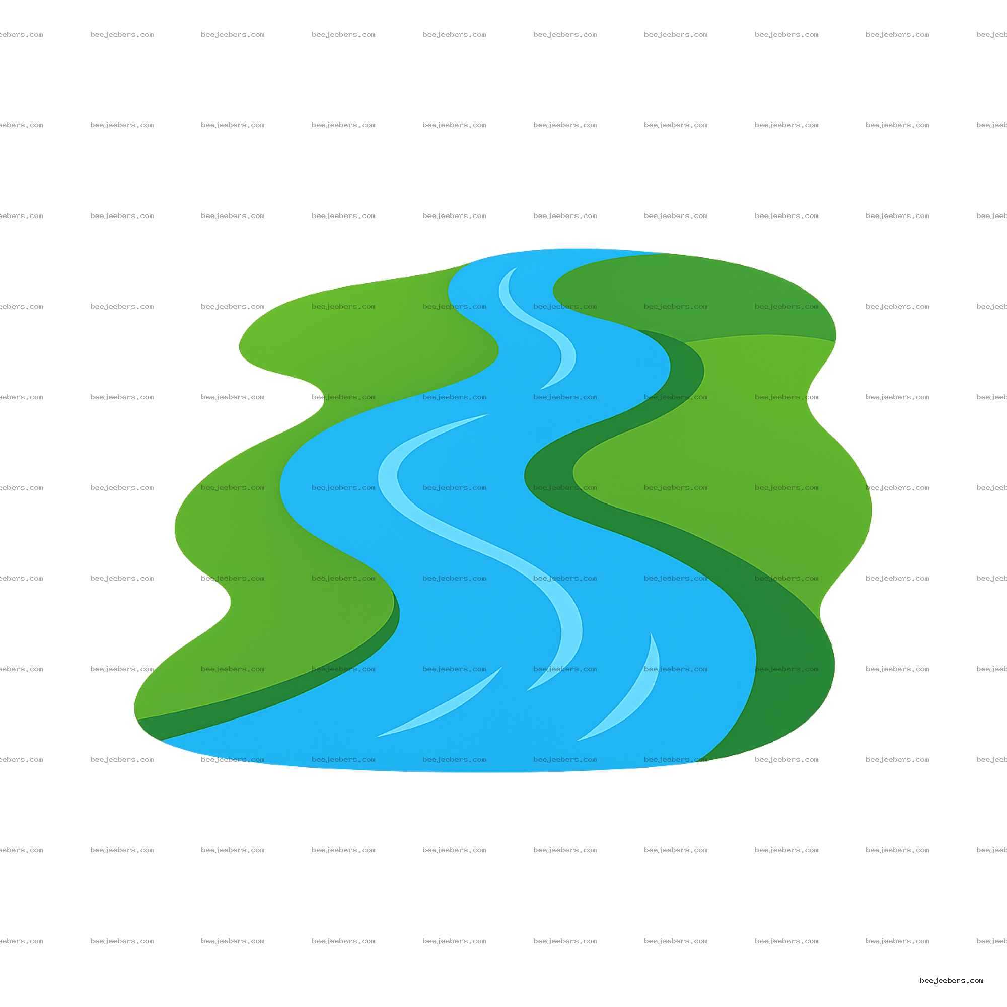 Clean vector river PNG clipart with blue winding river and green hills on transparent background