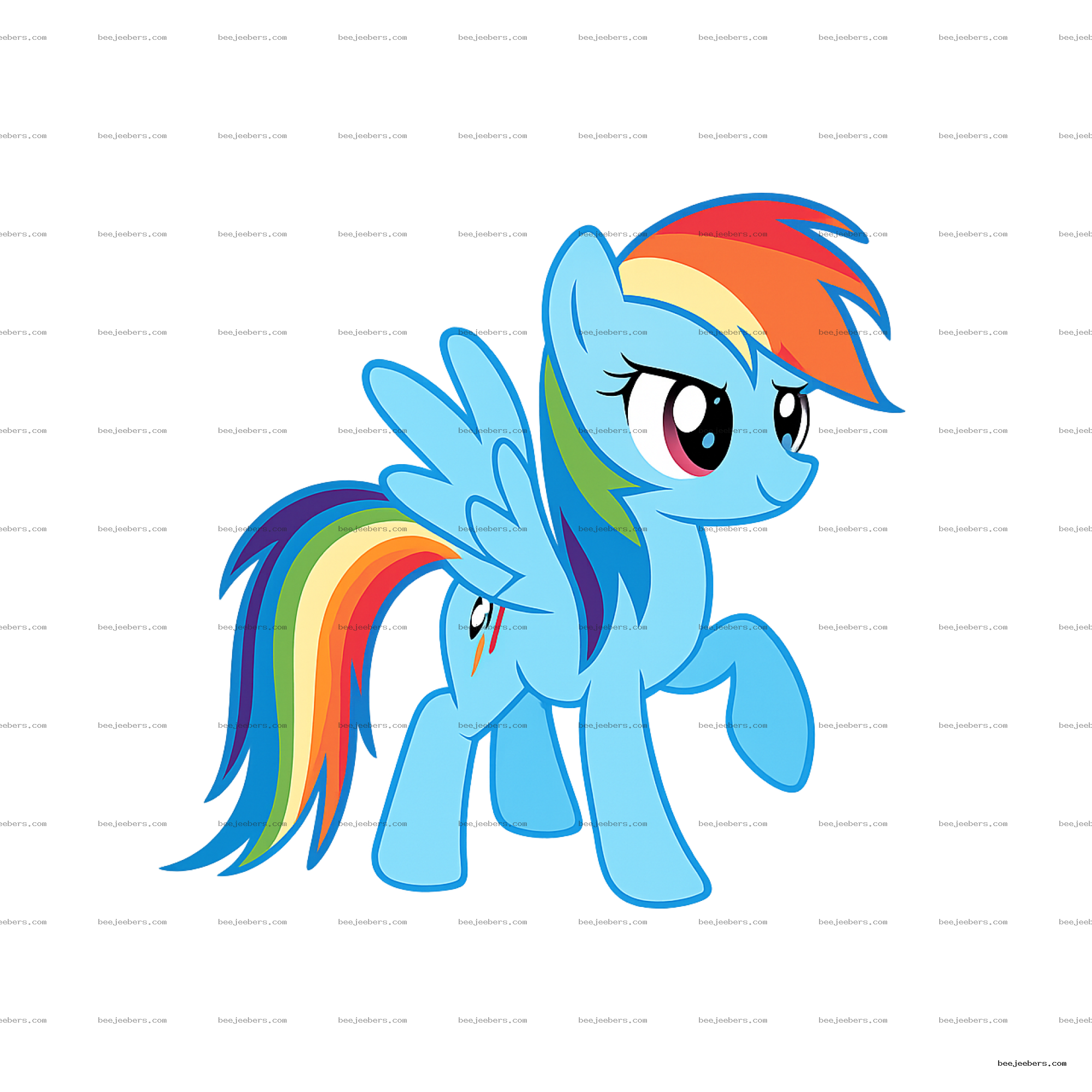 Bright blue cartoon pony with rainbow mane, tail, and wings on transparent background