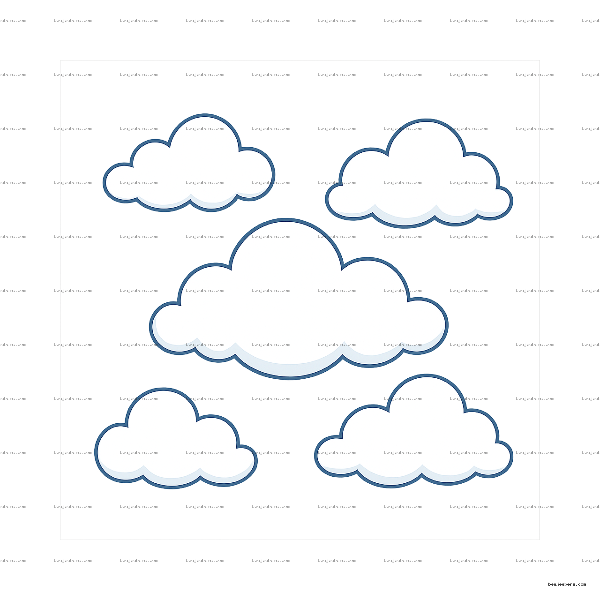 Set of clean vector cartoon white clouds with blue outlines on transparent background