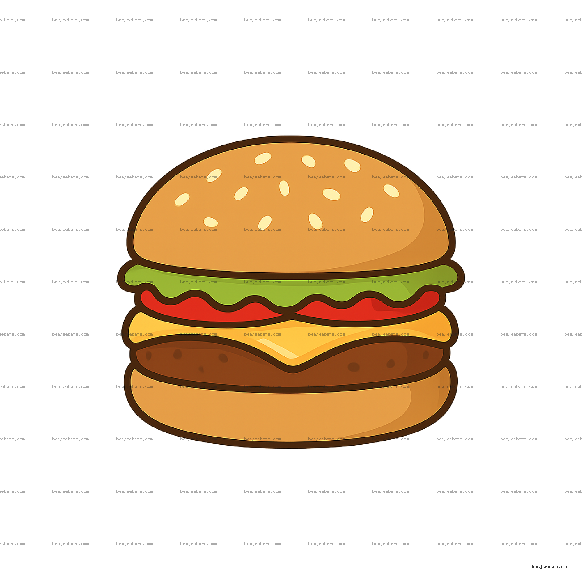 Vector cheeseburger clipart with sesame seed bun, lettuce, tomato, cheese, and beef patty on transparent background