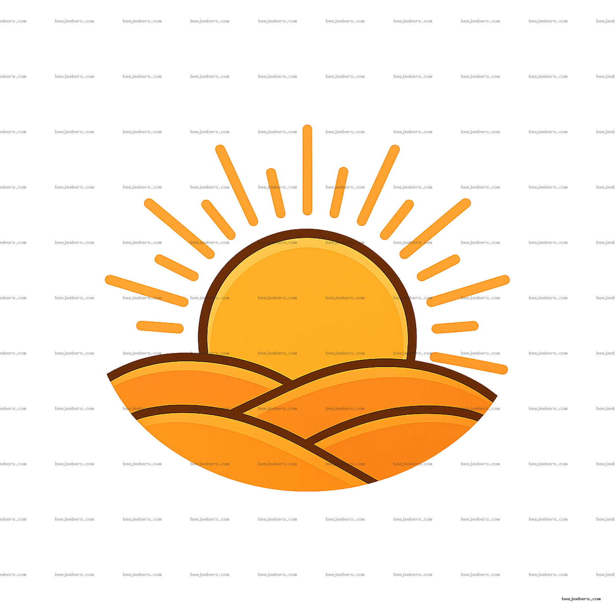 Clean vector illustration of a sunrise with orange sun rays and layered hills on transparent background